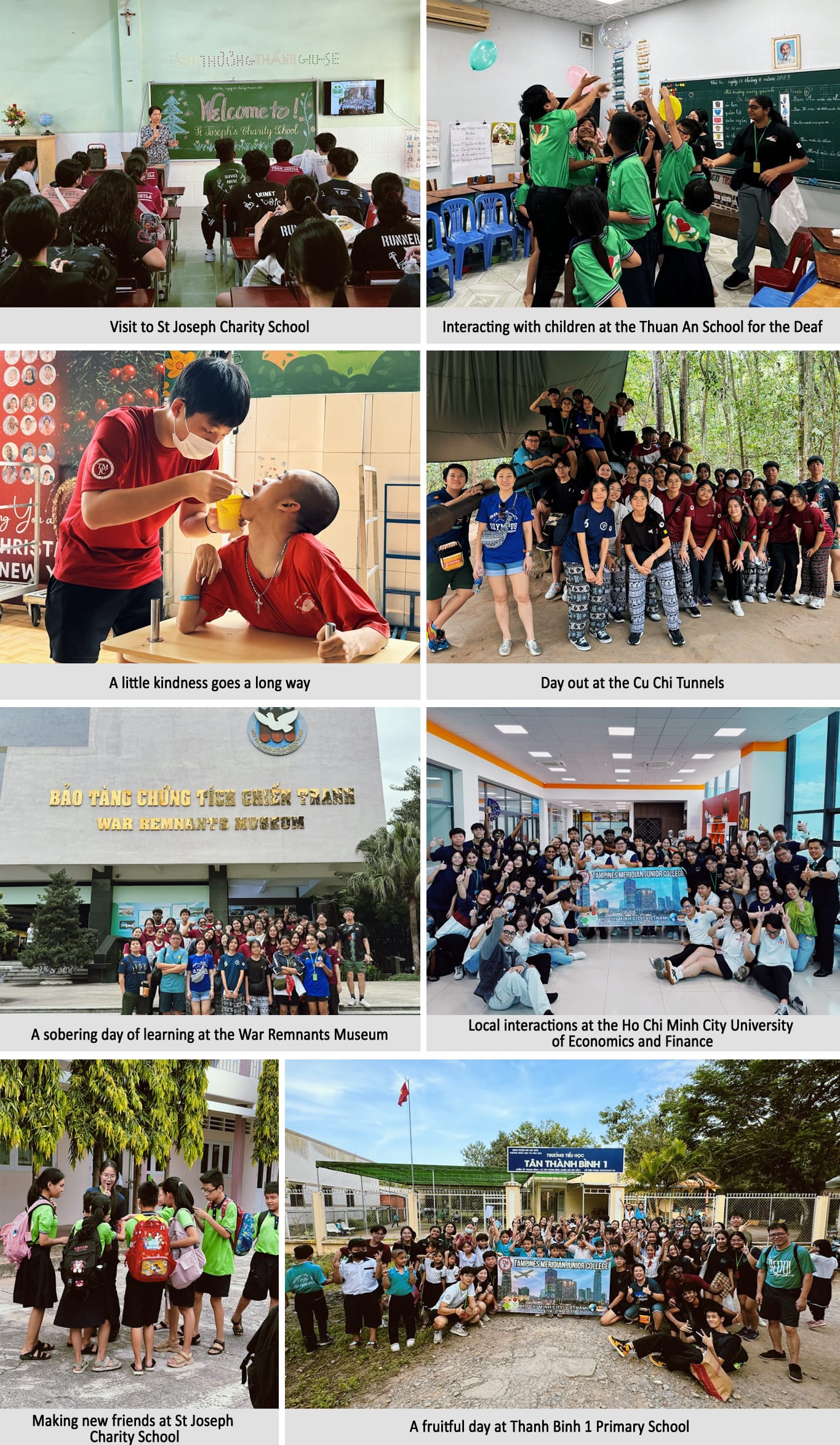Eight photos of students visiting schools, the War Remnants Museum, Cu Chi Tunnels, and a university in Vietnam.