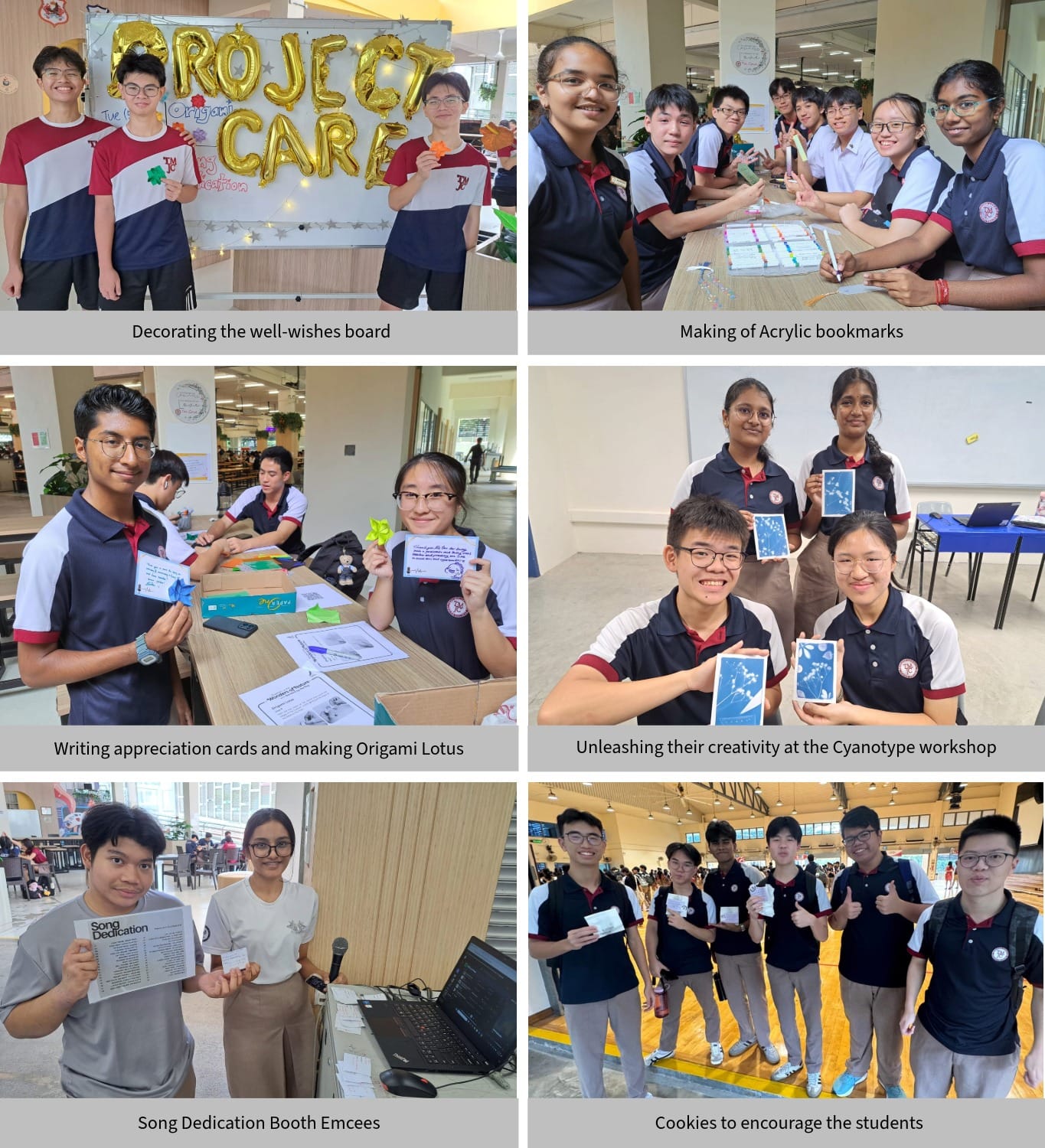 Six photos from Project Care event showing students decorating boards, making bookmarks, origami, cyanotype prints, and distributing cookies.