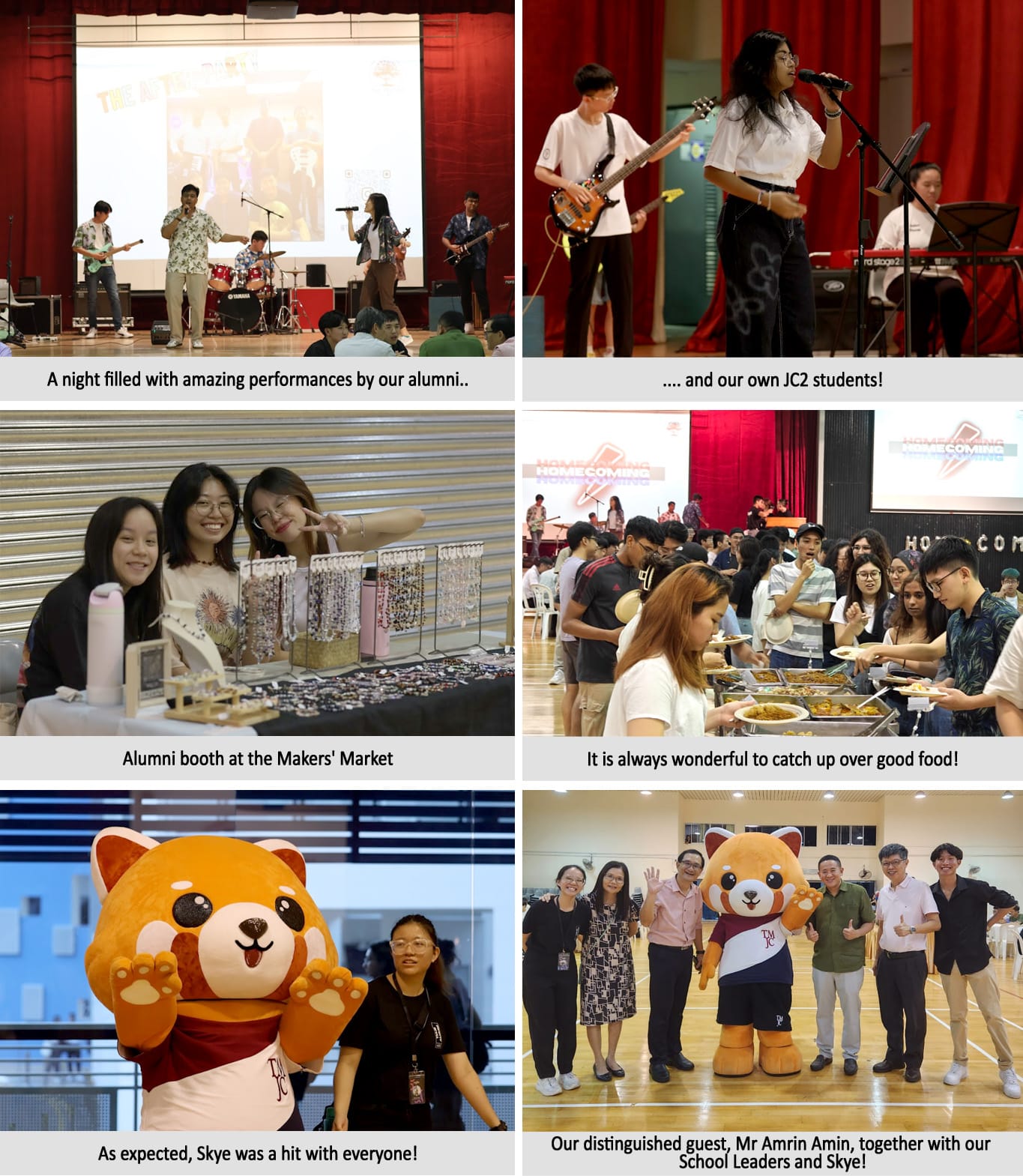Six-photo collage of a school homecoming event with performances, a market booth, food, and red panda mascot.
