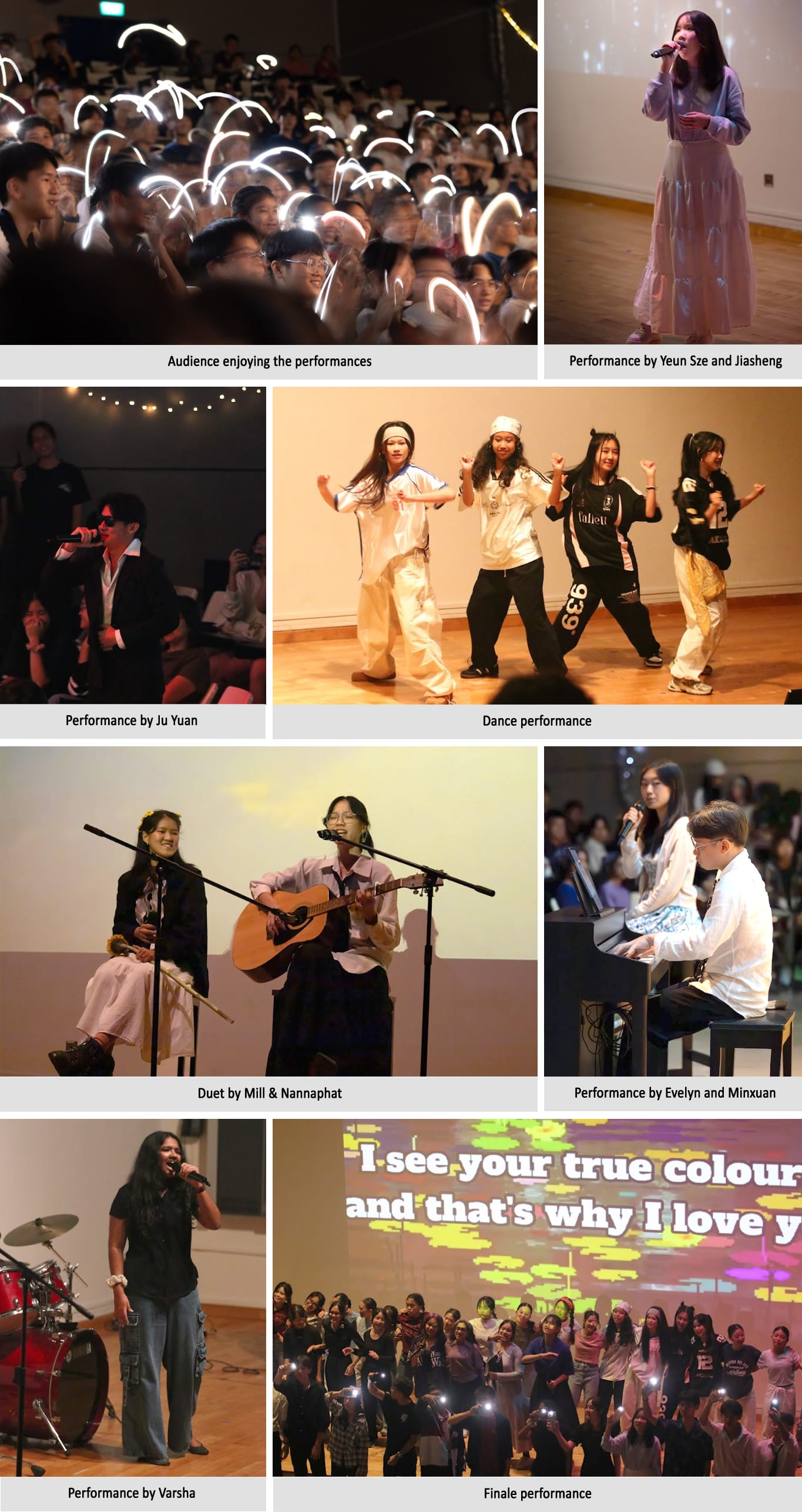 Collage of student talent show performances including singing, dancing, guitar, and piano, with a large audience.