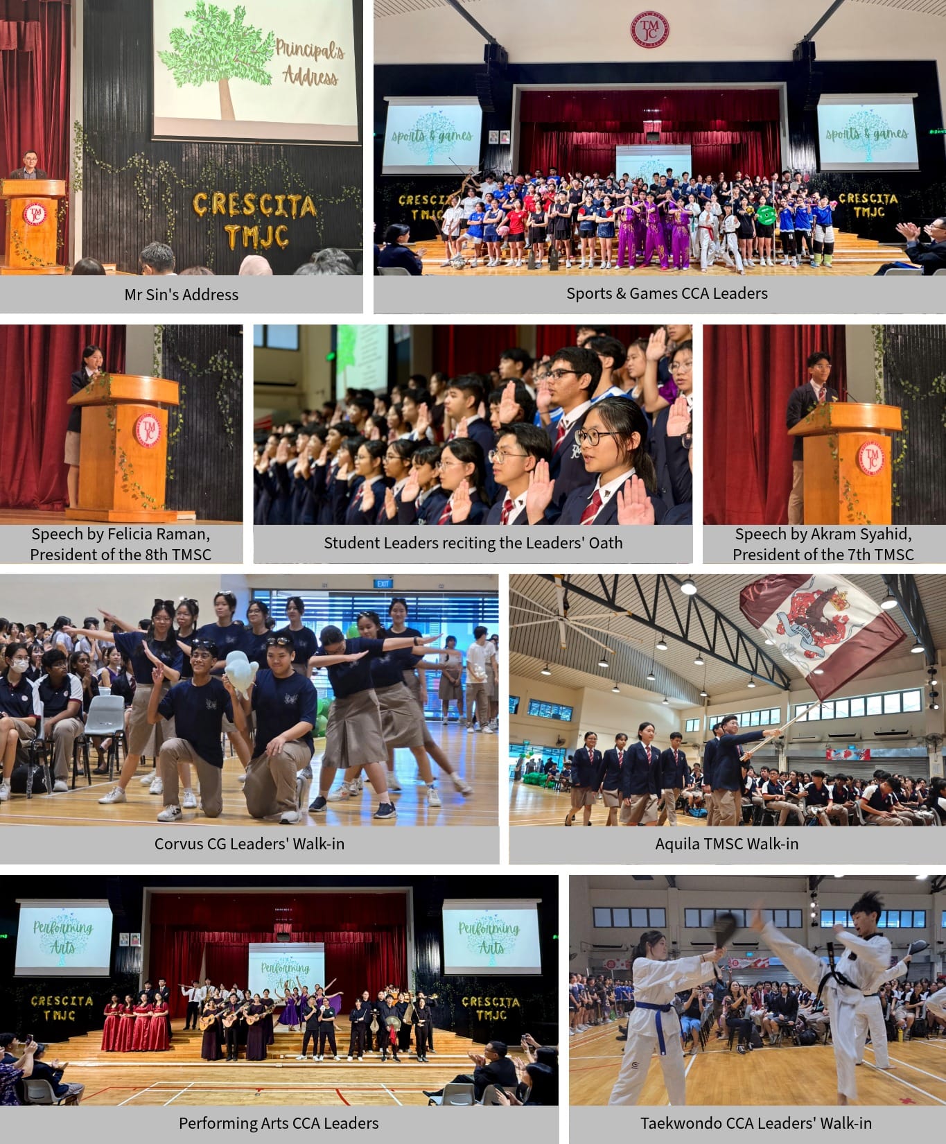 Collage of TMJC school event showing speeches, student leader oath, performances, walk-ins, and taekwondo demonstration.
