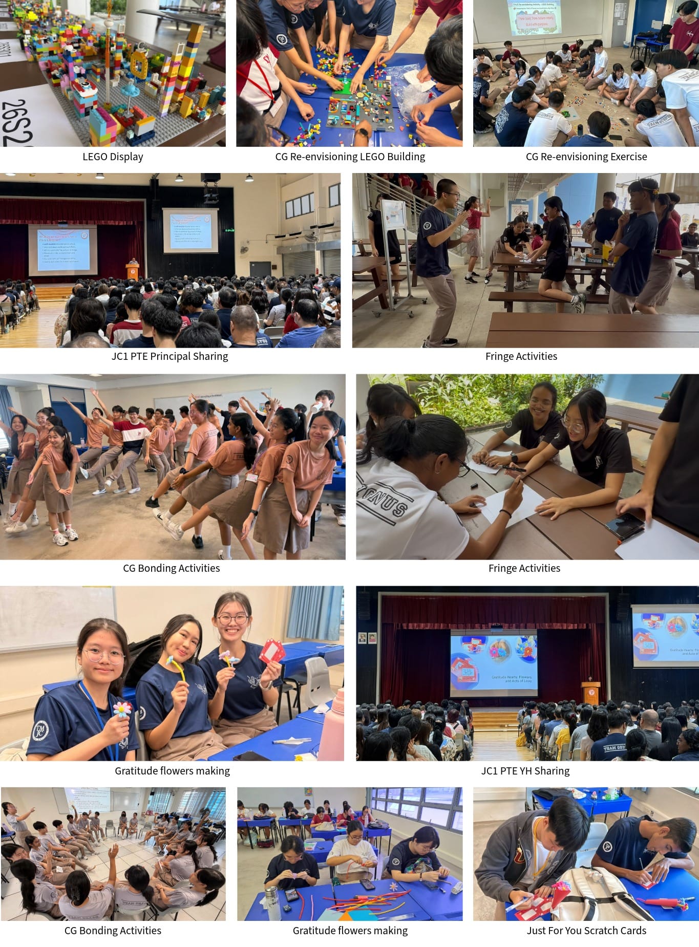 A collage of school student activities including LEGO building, bonding games, gratitude crafts, and hall presentations.