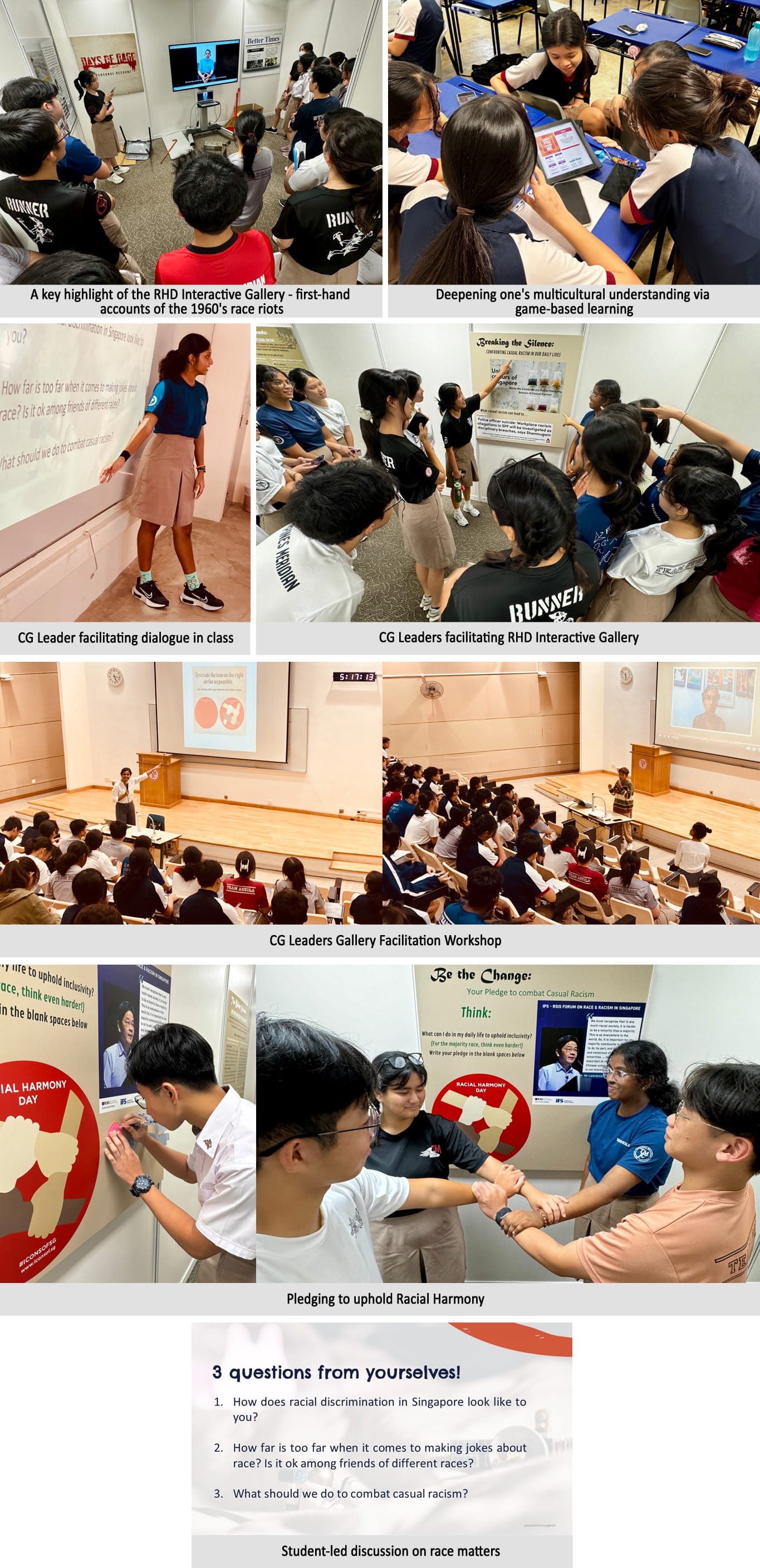 Eight photos showing students and leaders participating in racial harmony workshops, gallery tours, pledges, and discussions.