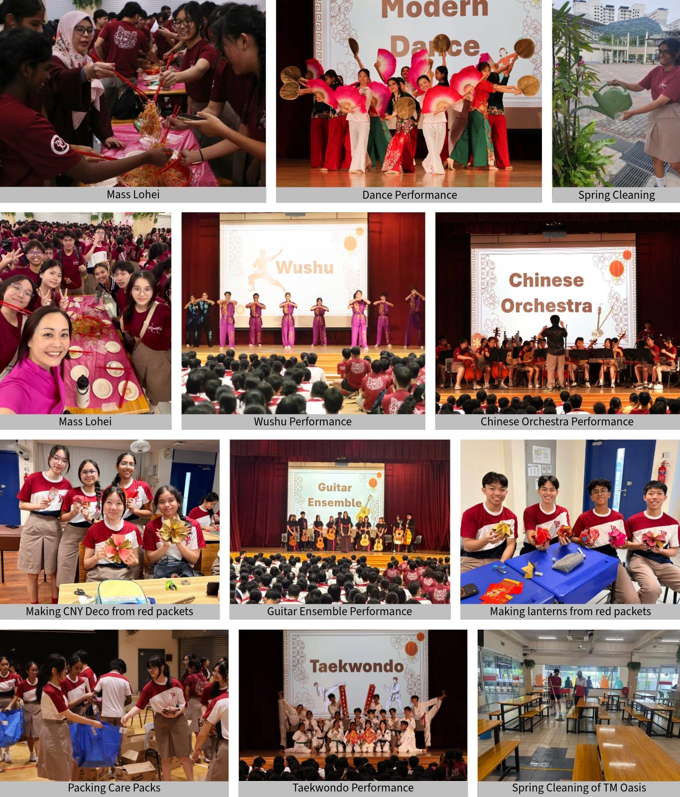 A collage of school Chinese New Year activities including dance, wushu, orchestra, guitar ensemble, taekwondo, and crafts.