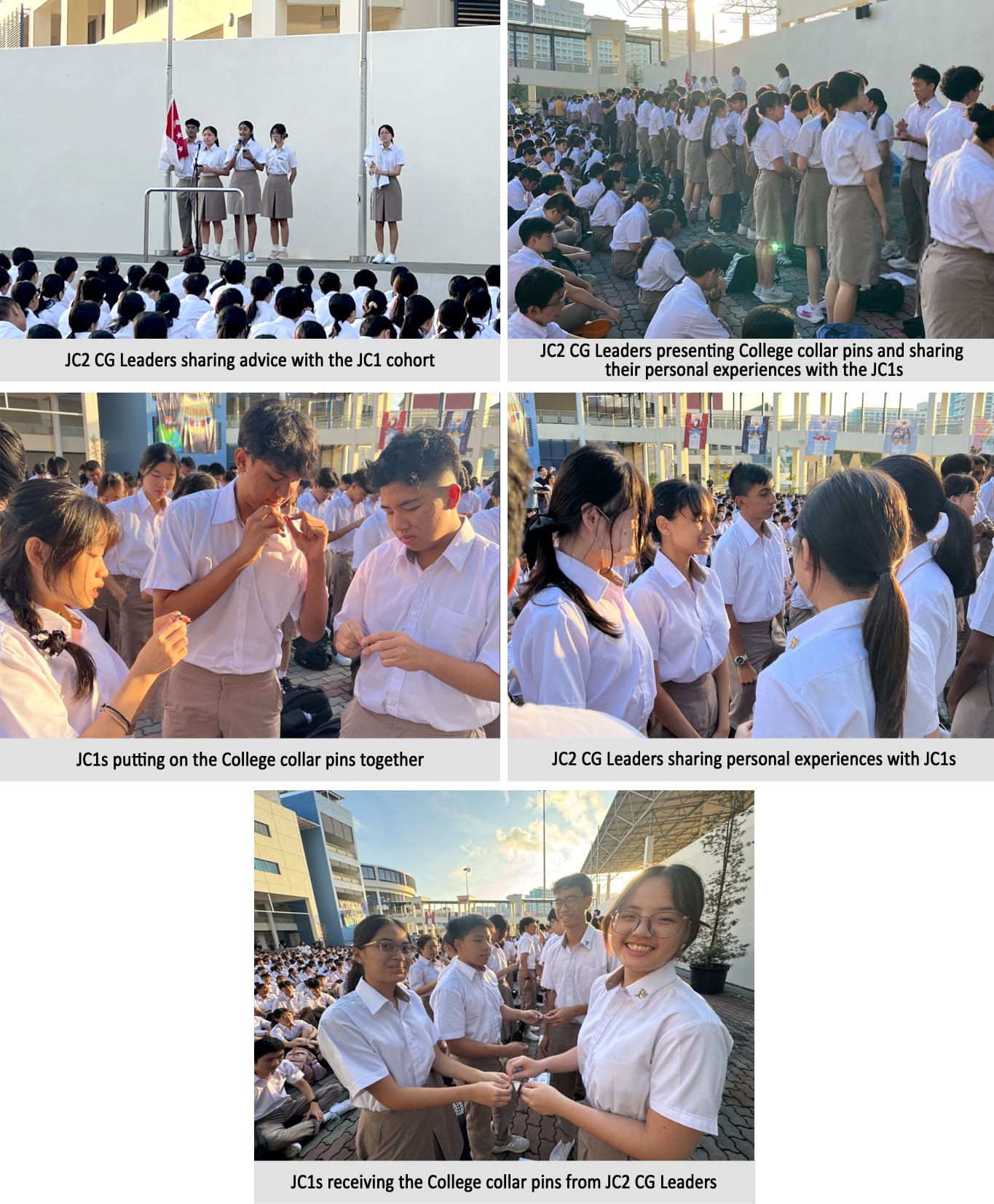 Five photos of a school ceremony where JC2 leaders address and present college collar pins to JC1 students outdoors.