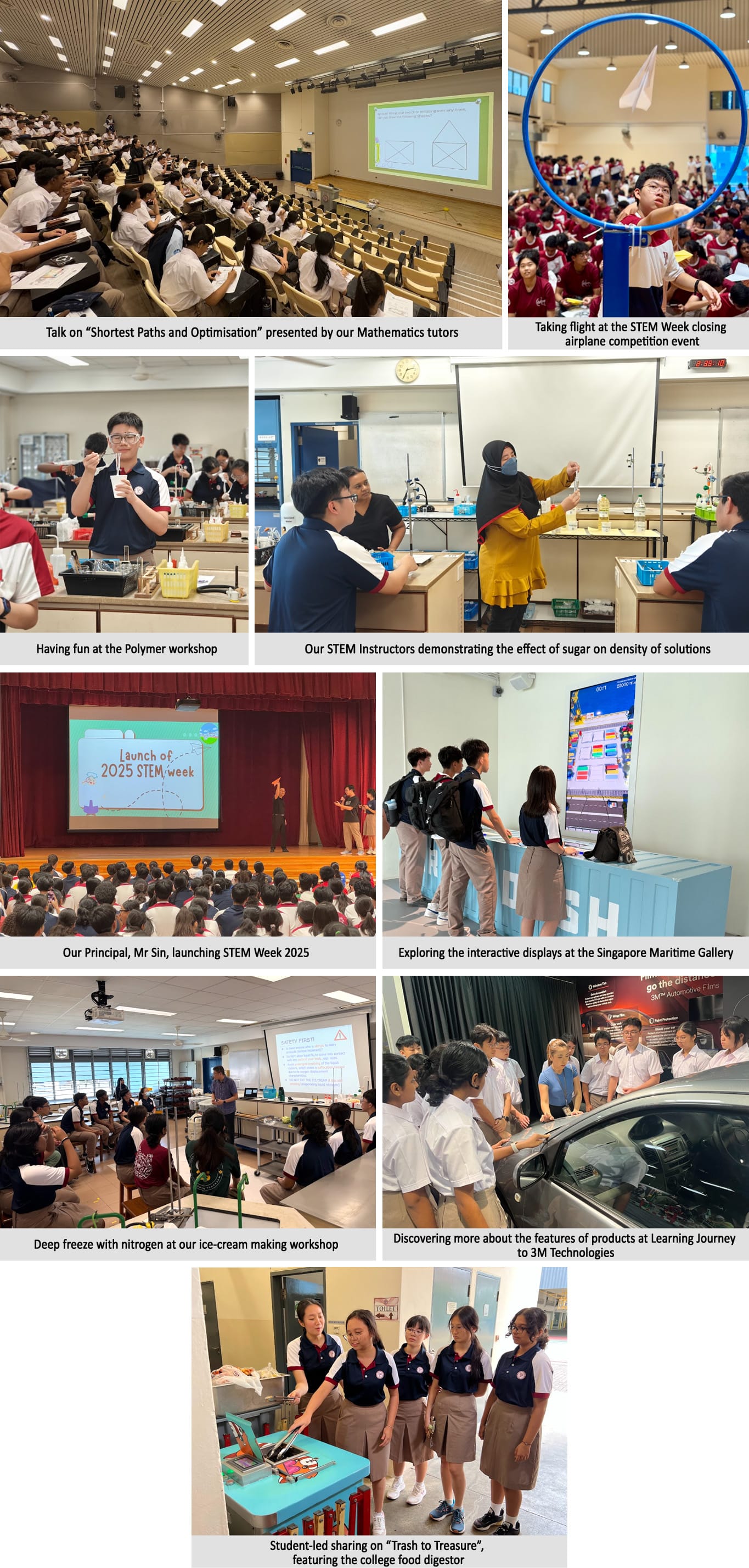 Nine photos from STEM Week 2025 showing students in workshops, lectures, competitions, and learning journeys.