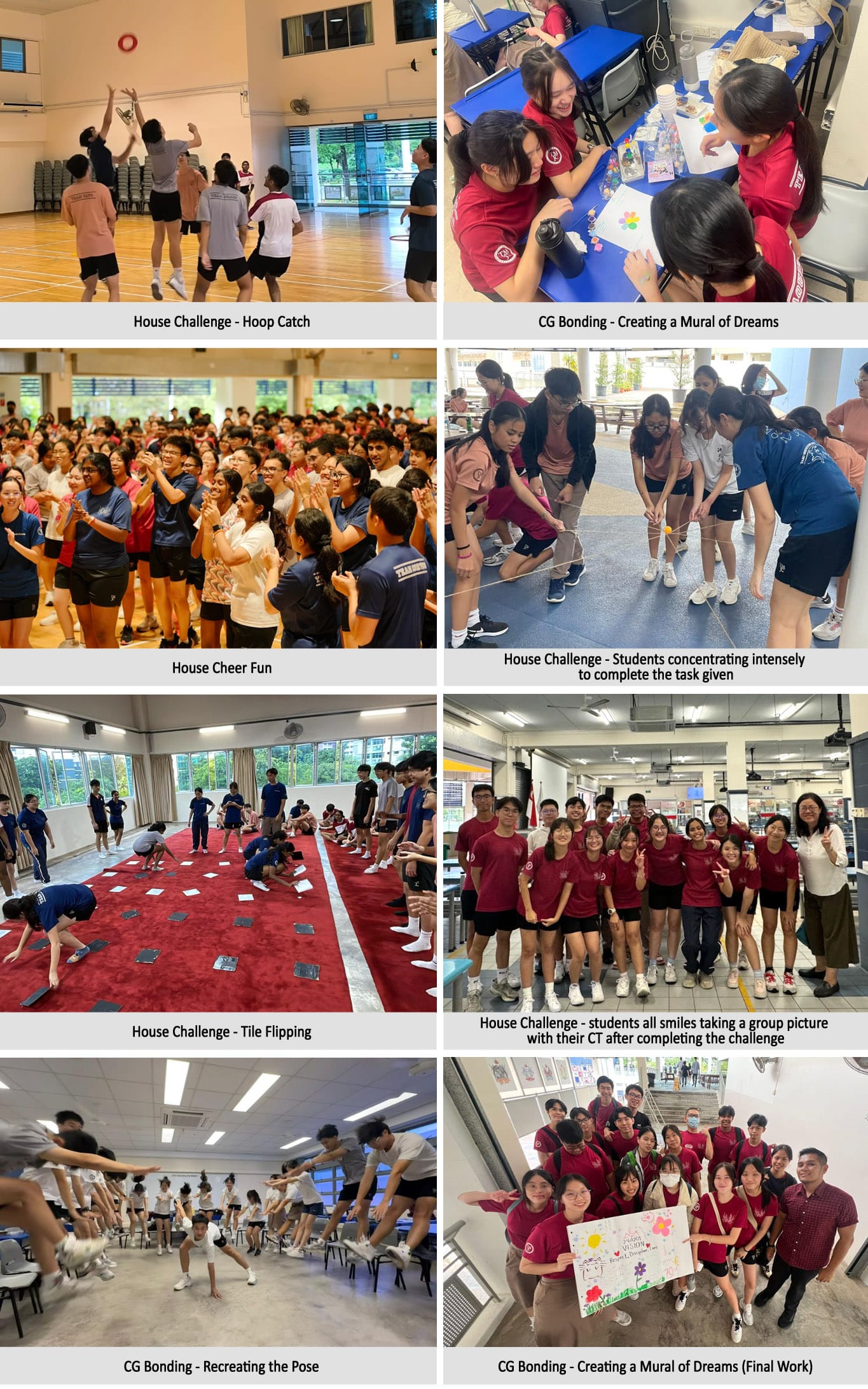 Eight photos of students doing school bonding activities including sports, art, cheering, tile flipping, and group poses.
