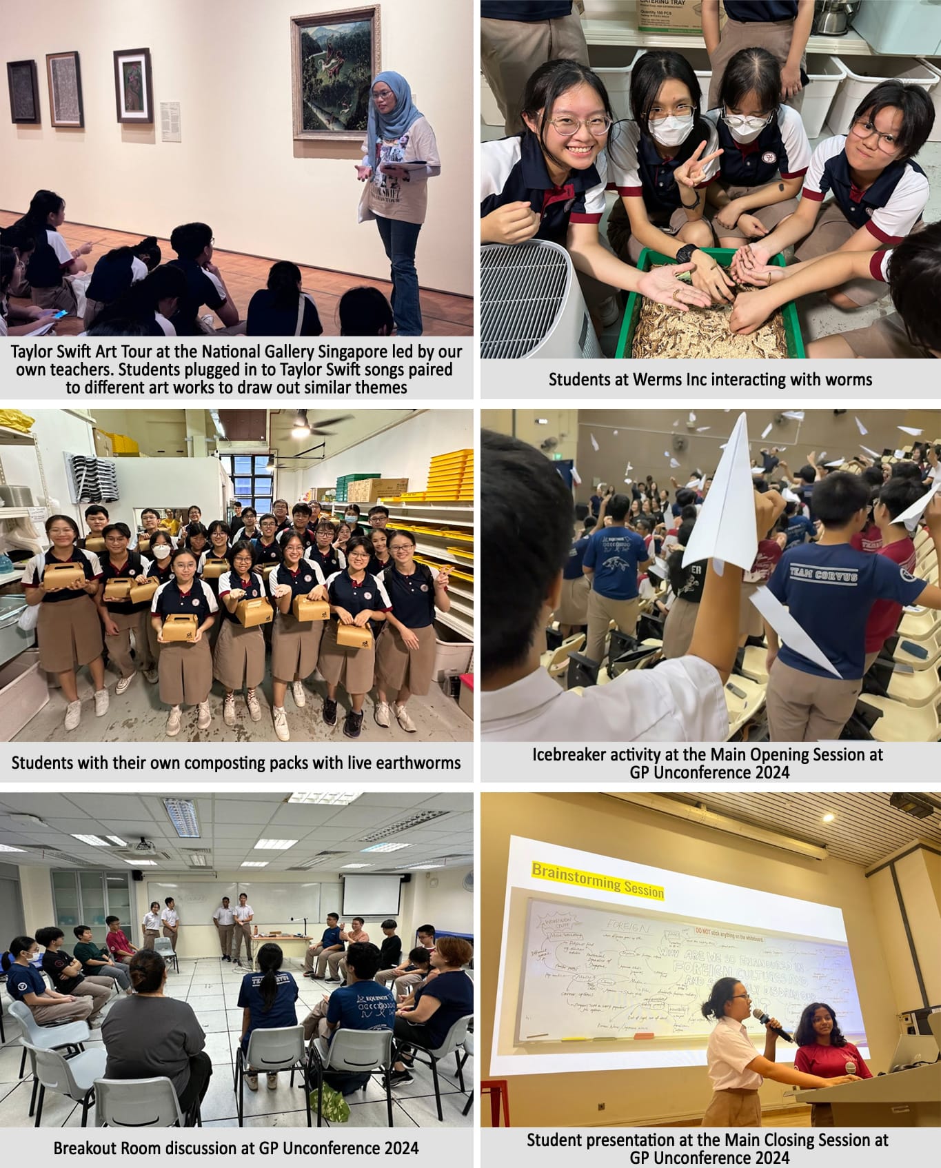Six photos of student activities including an art tour, worm handling, composting, paper planes, group discussions, and a presentation.