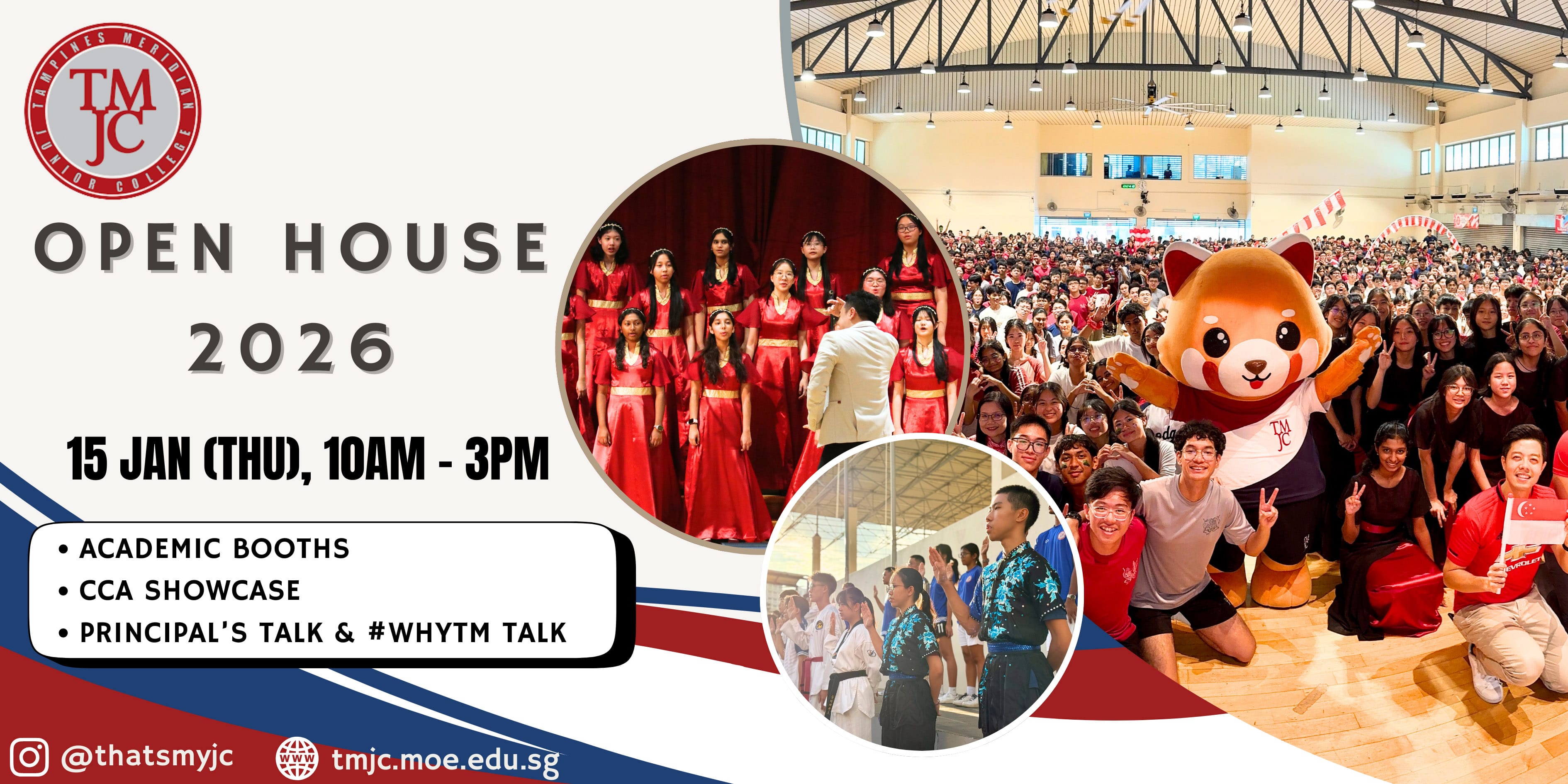 TMJC Open House 2026 promotional banner showing choir, martial arts, students with mascot, on 15 Jan 10am-3pm.