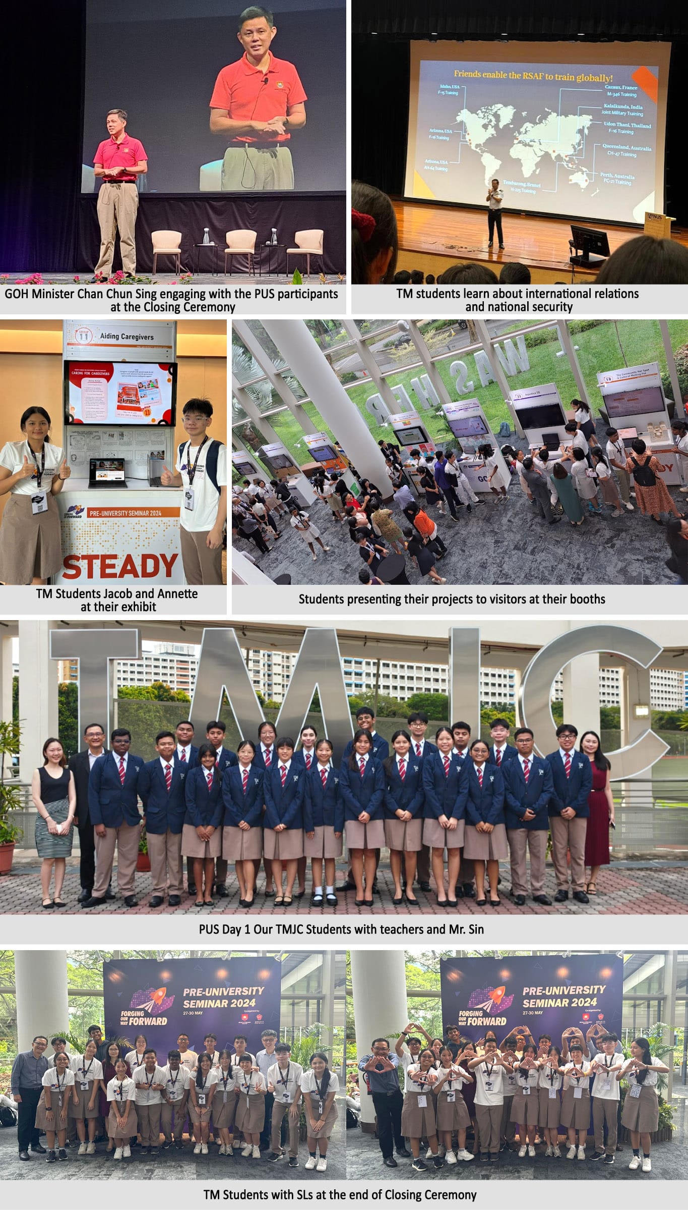 Collage of TMJC Pre-University Seminar 2024 showing students, speakers, exhibits, and group photos at TMJC campus.