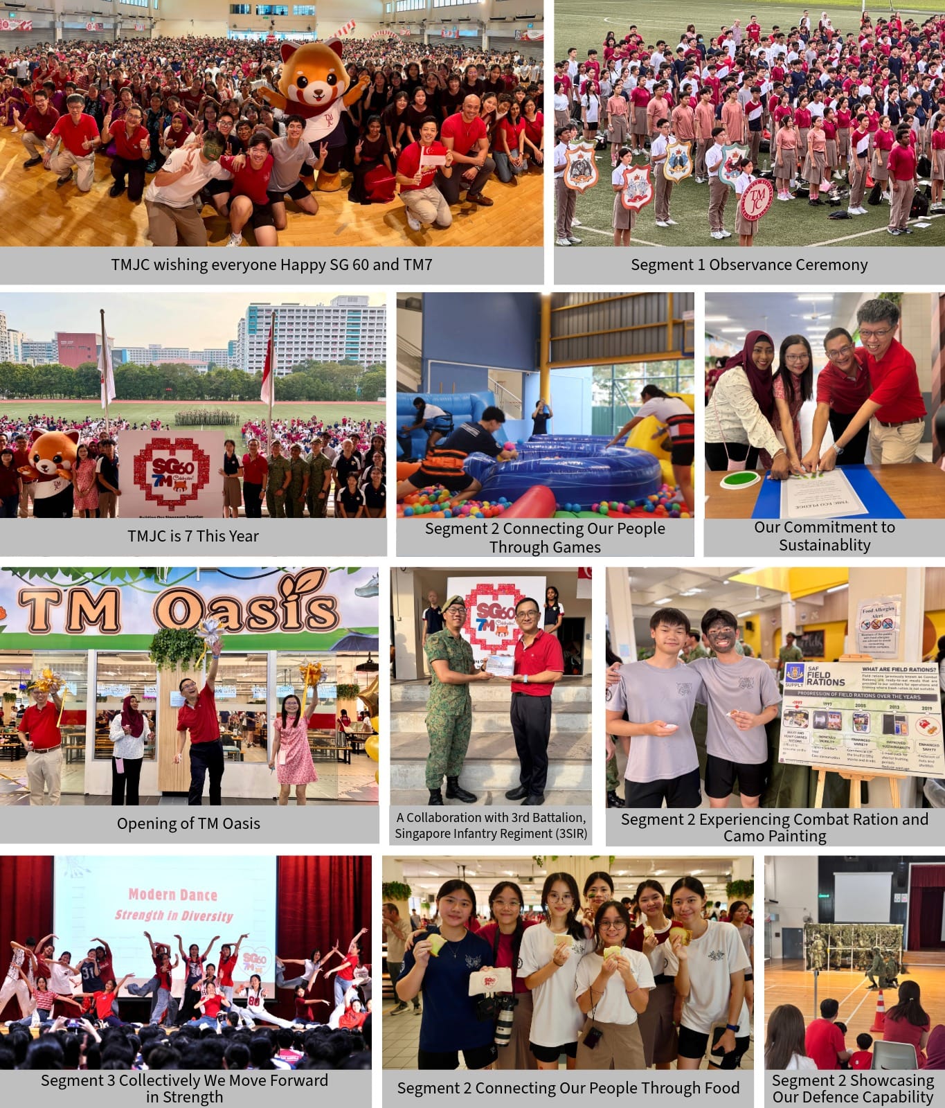 A collage of TMJC school event photos showing students and staff at ceremonies, games, dance, and defence activities.