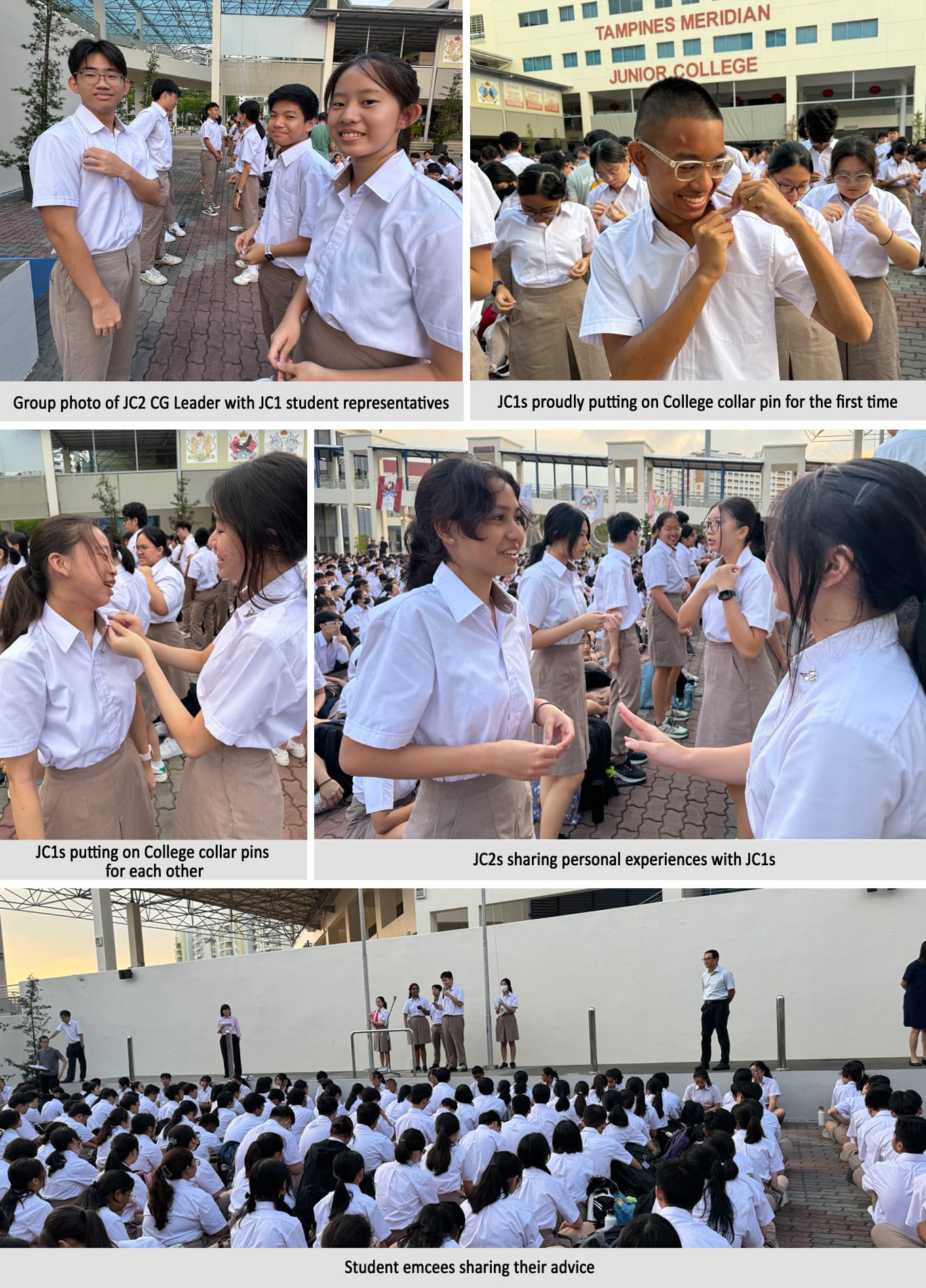 Students in white shirts and khaki bottoms at Tampines Meridian Junior College pinning collar pins and gathering outdoors.