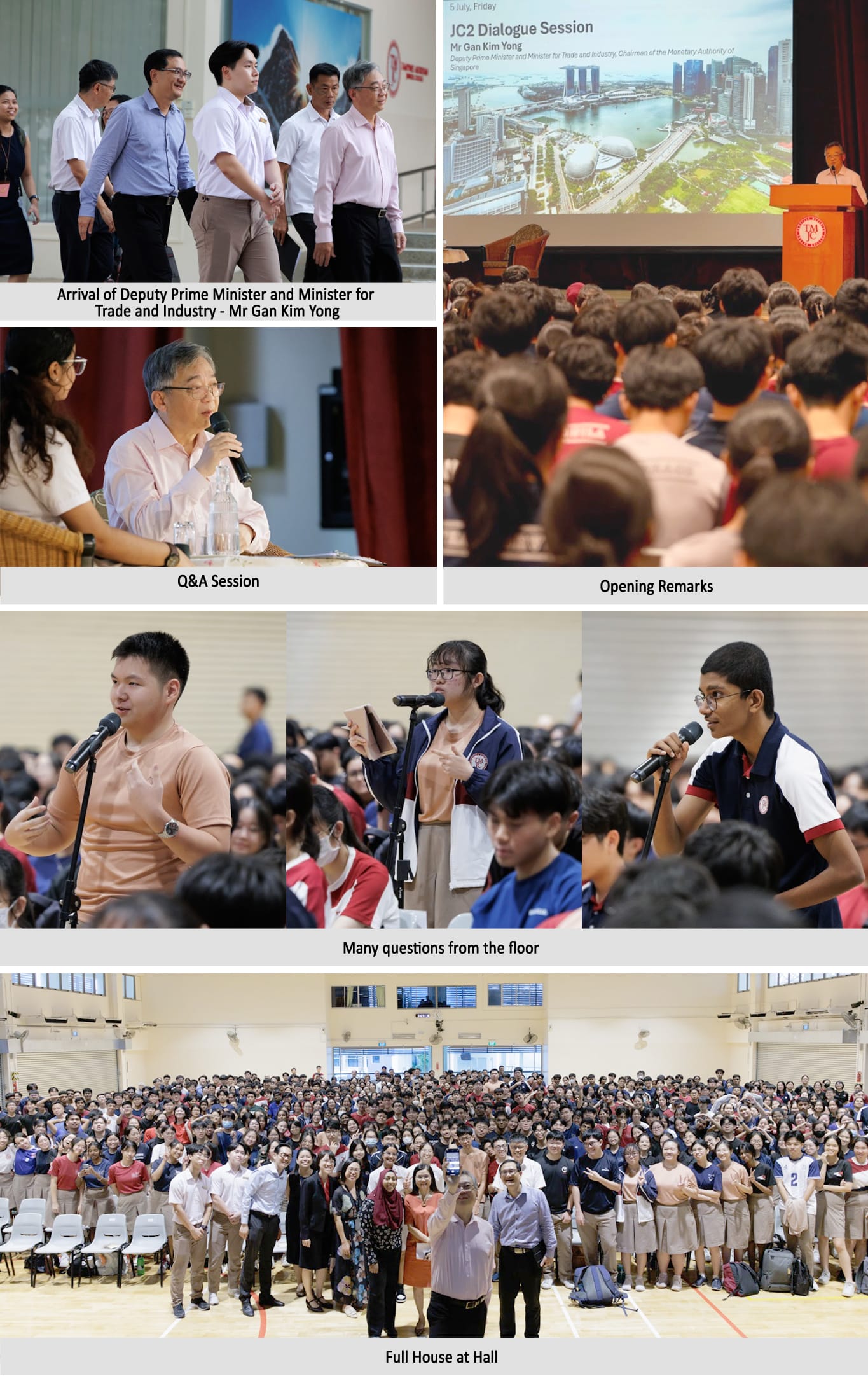 Collage of a JC2 dialogue session with Mr Gan Kim Yong, showing his arrival, speech, Q&A, and a packed hall.