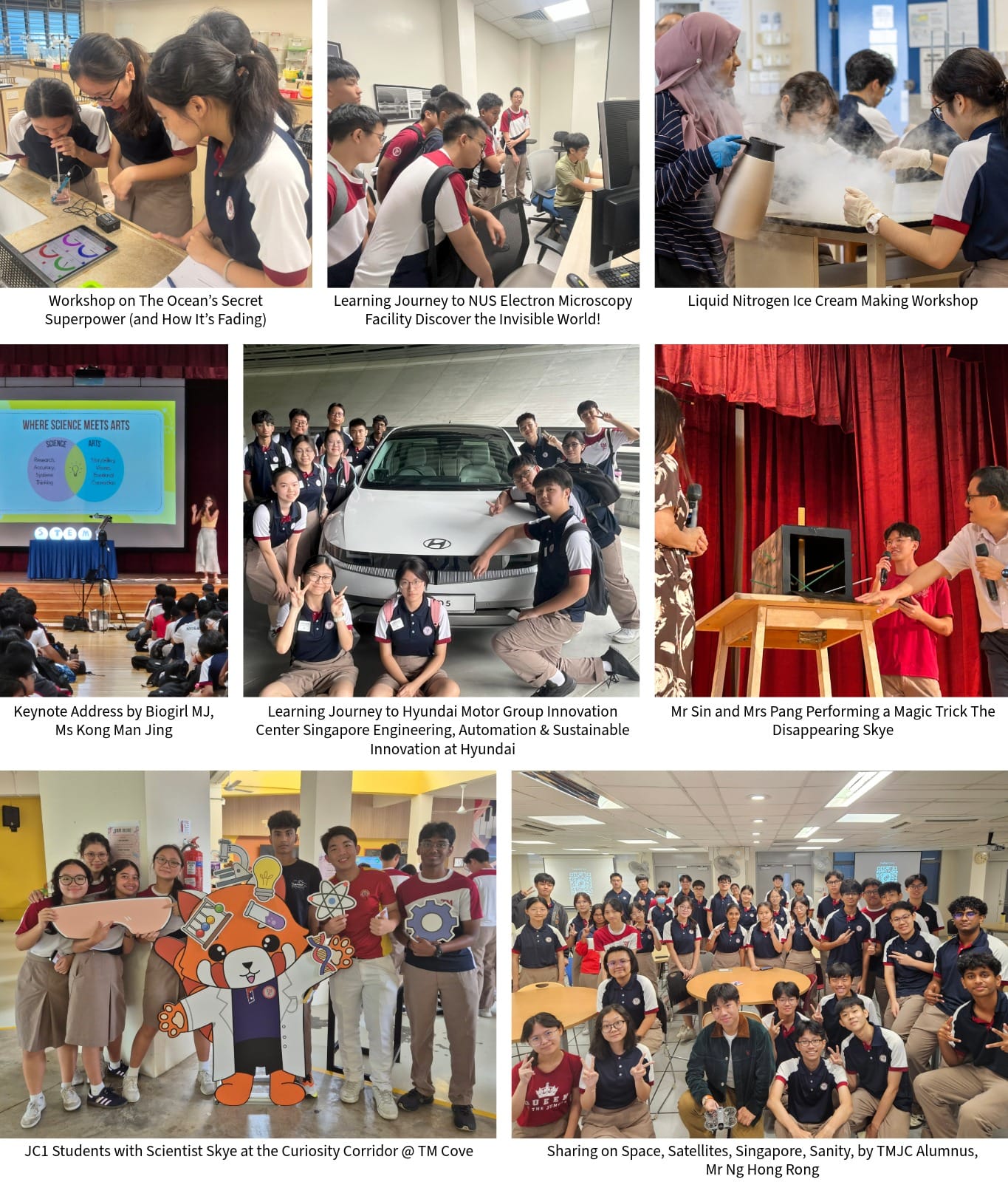 A collage of seven school science event photos including workshops, learning journeys, and student group activities.