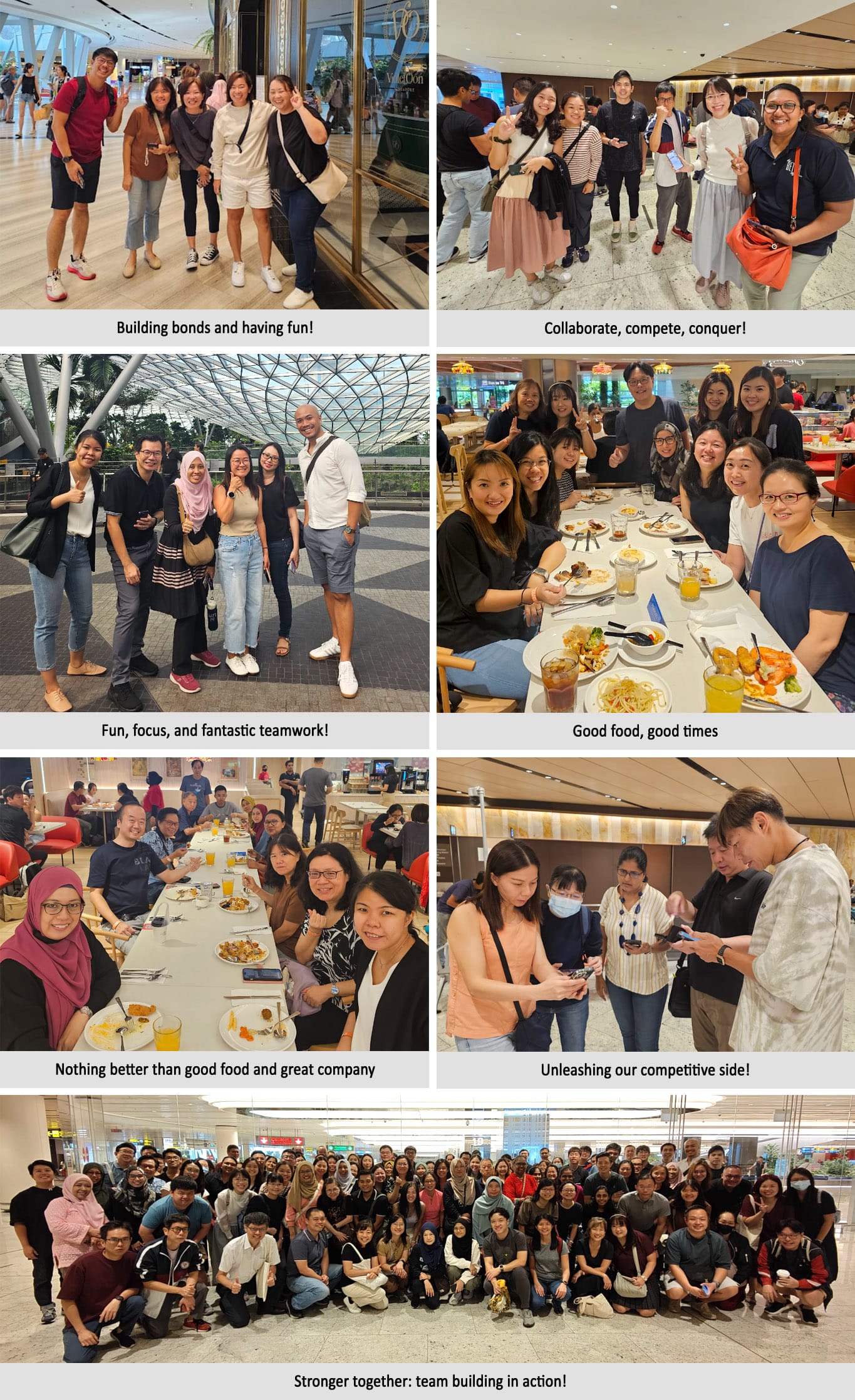 A collage of group photos showing a large team at a team-building event, dining, posing, and gathered for a group shot.