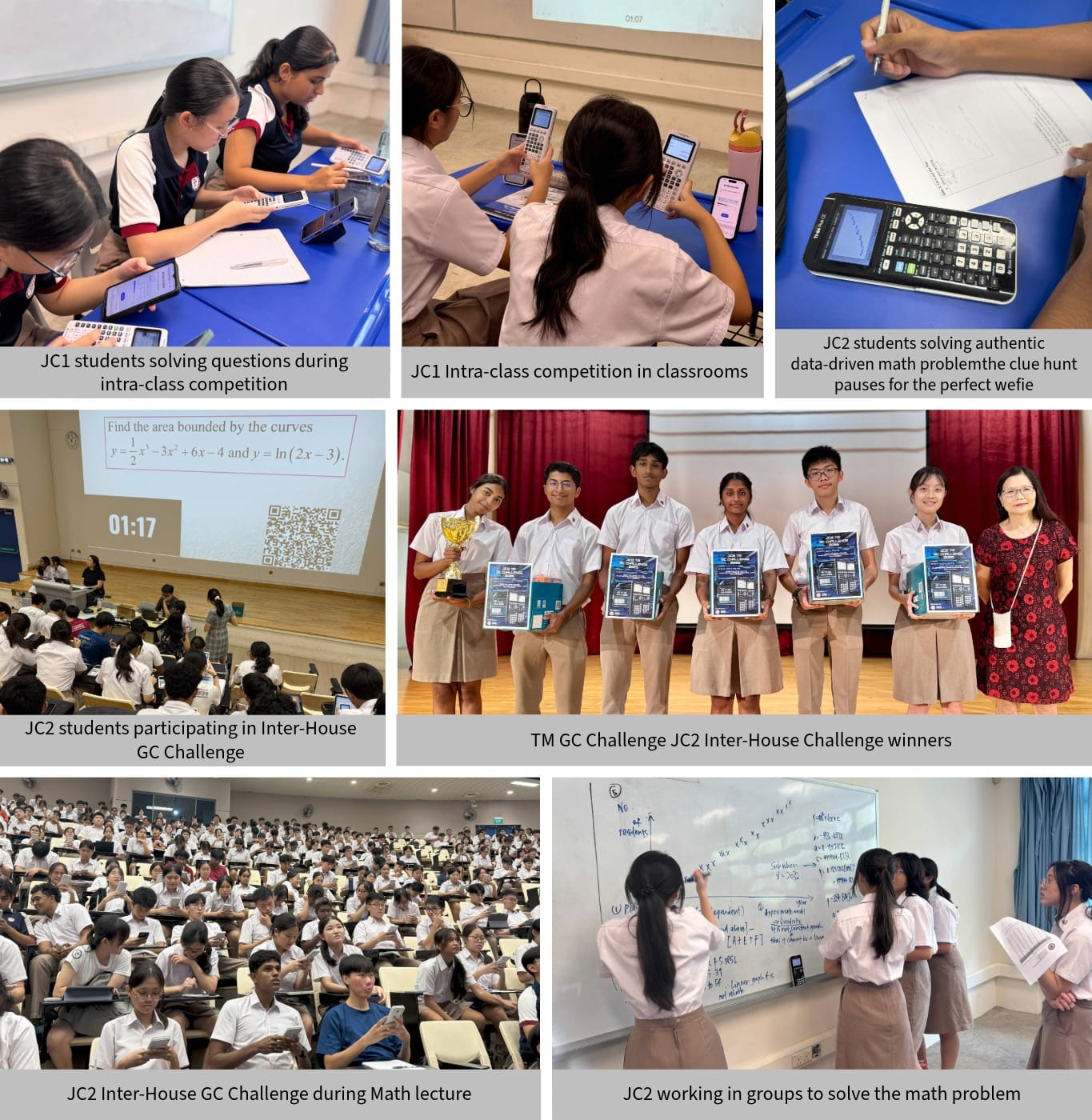 Seven photos show students in school uniforms solving math problems, using calculators, and posing with awards at a GC Challenge.