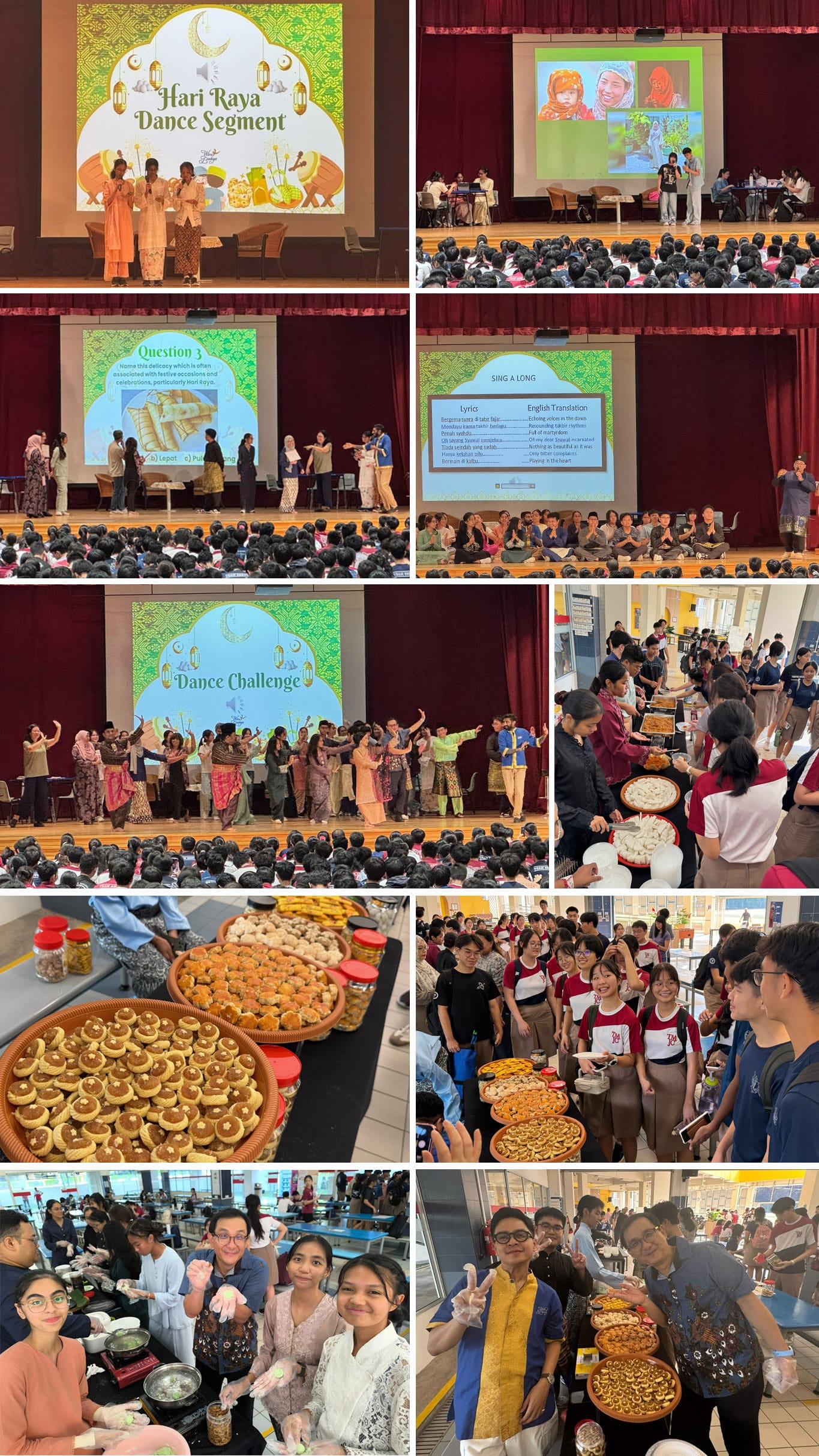 A school Hari Raya celebration with stage performances, a dance challenge, traditional foods, and students gathered together.