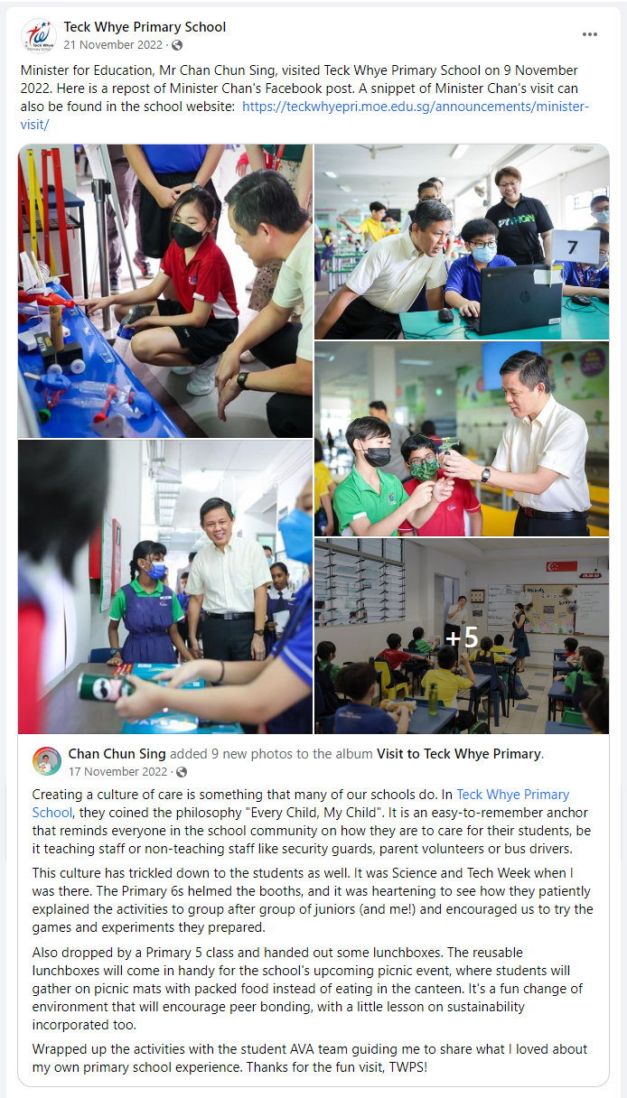 Facebook post with four photos showing a minister visiting Teck Whye Primary School, interacting with students.
