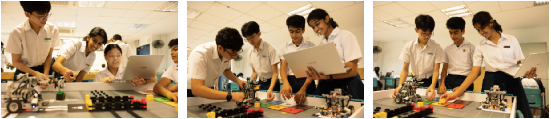 Students in white uniforms work together on LEGO robots using a laptop in a classroom, shown in three photos.