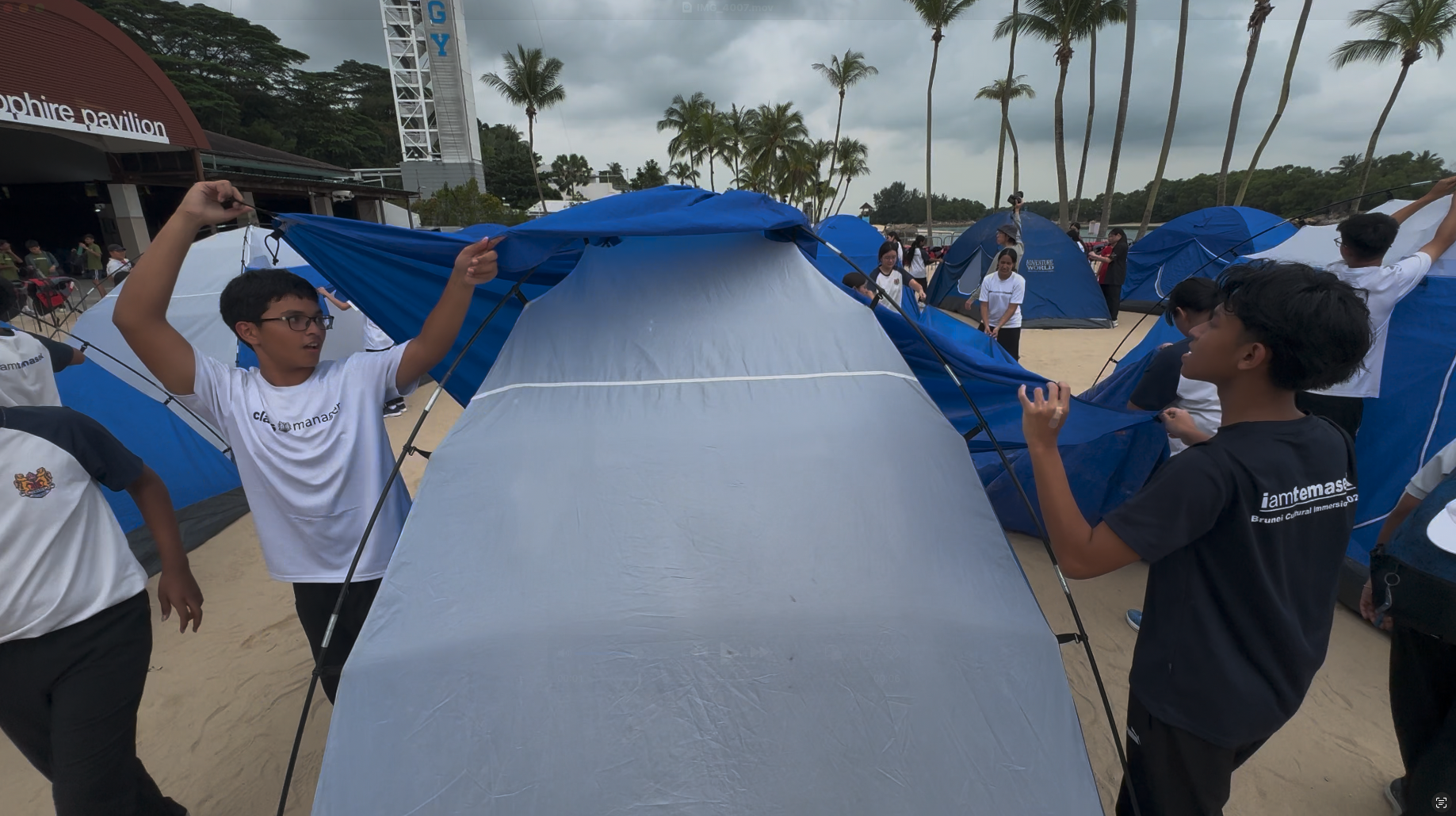 Students set up blue tents on a sandy area near palm trees under a cloudy sky.