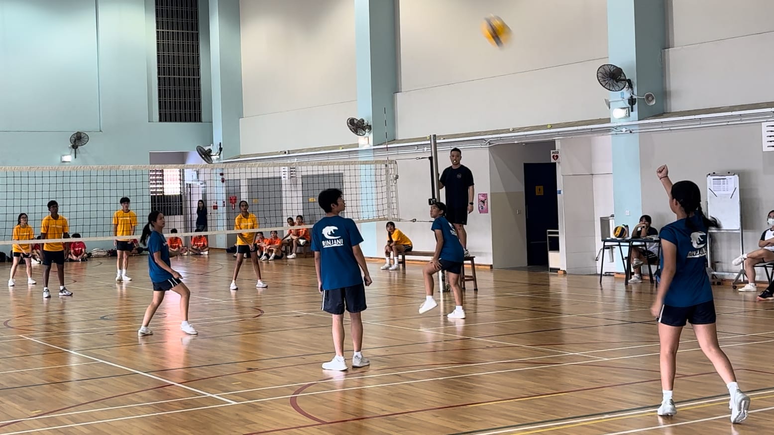 Students in blue and yellow jerseys play volleyball indoors, with a ball mid-air above the net.