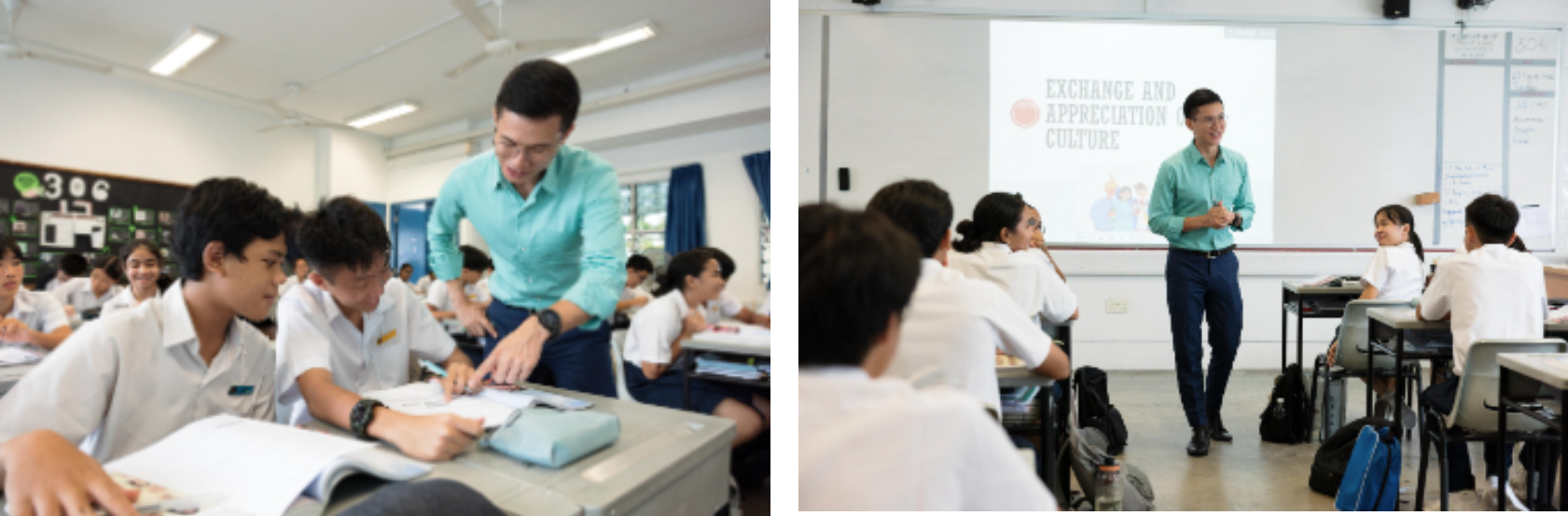 A teacher in a teal shirt assists students at desks, and presents to a class before a projected slide.
