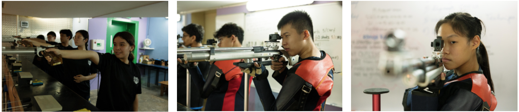 Three photos of young shooters aiming rifles at an indoor shooting range, wearing sport jackets.