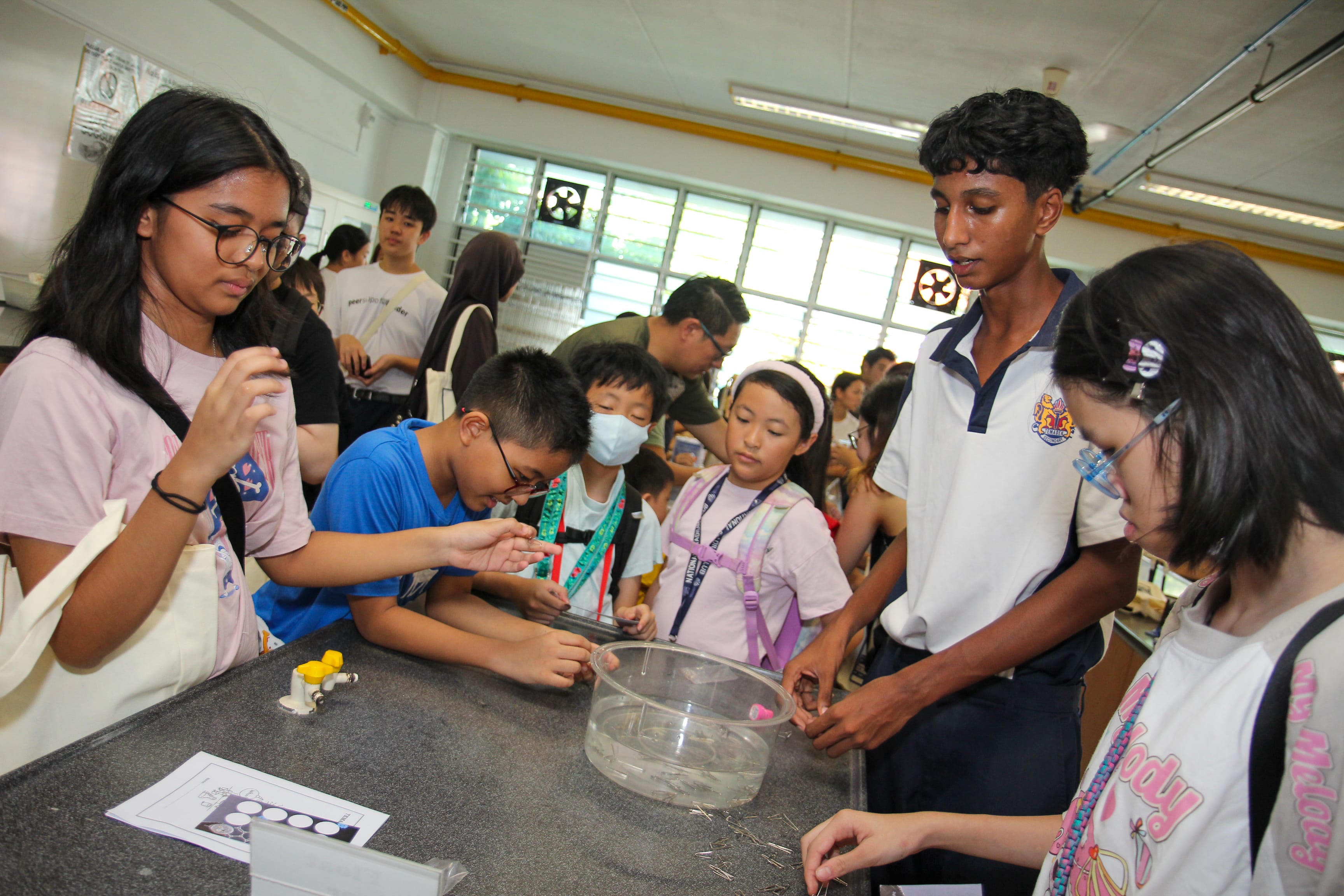 Students gathered around a table, doing a hands-on activity with a clear plastic tub of water.