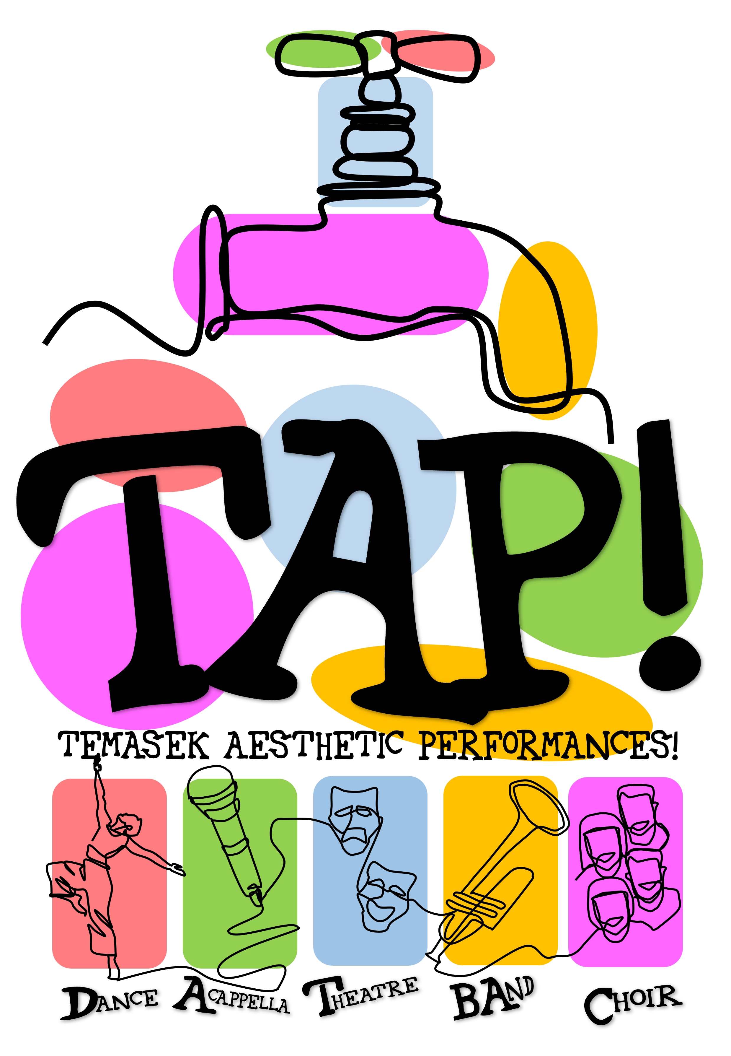 Colorful poster reading TAP! Temasek Aesthetic Performances with line-art icons for Dance, Acappella, Theatre, Band, and Choir.