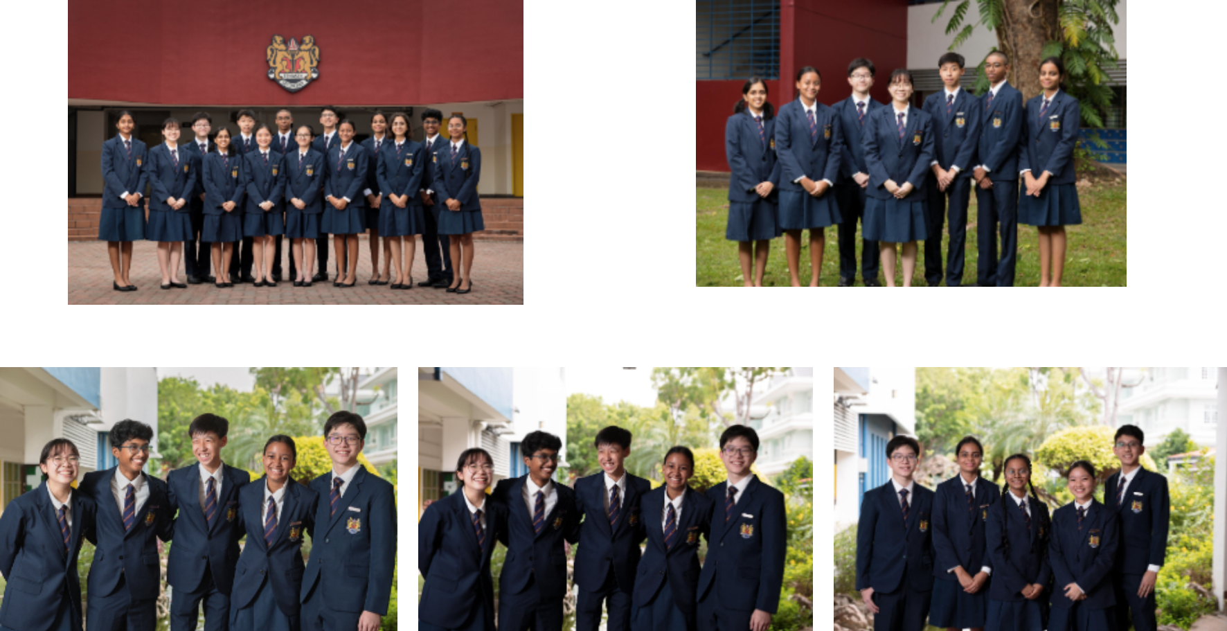 Five group photos of students in navy blue school uniforms posing outdoors and in front of a red school building.