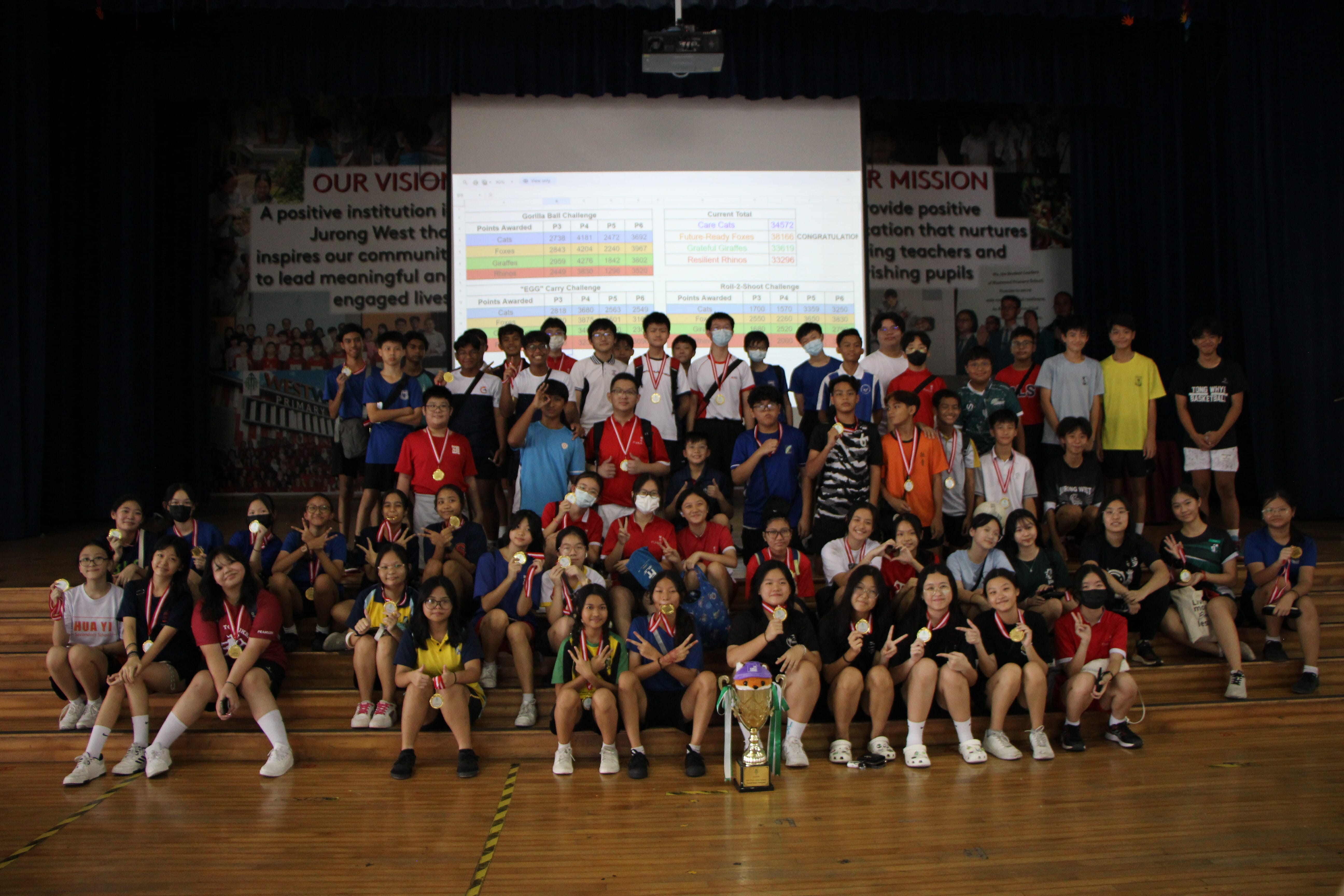 Large group of students wearing medals pose on a school stage with a trophy and a projected scoreboard behind them.