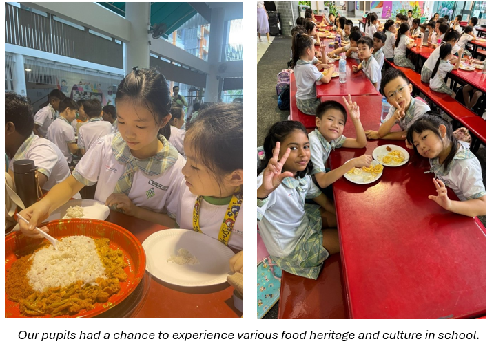 School children eating meals at red cafeteria tables, some smiling and making peace signs at the camera.