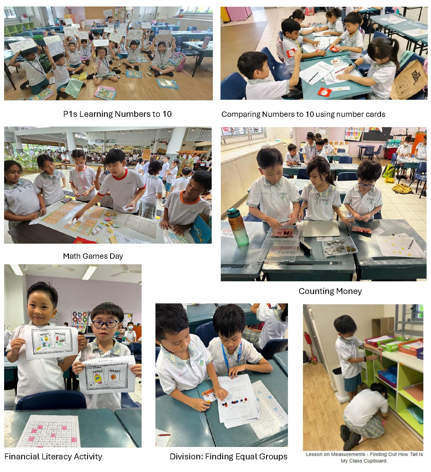 Six photos of young students doing math activities including counting, money, division, and measurement lessons in a classroom.
