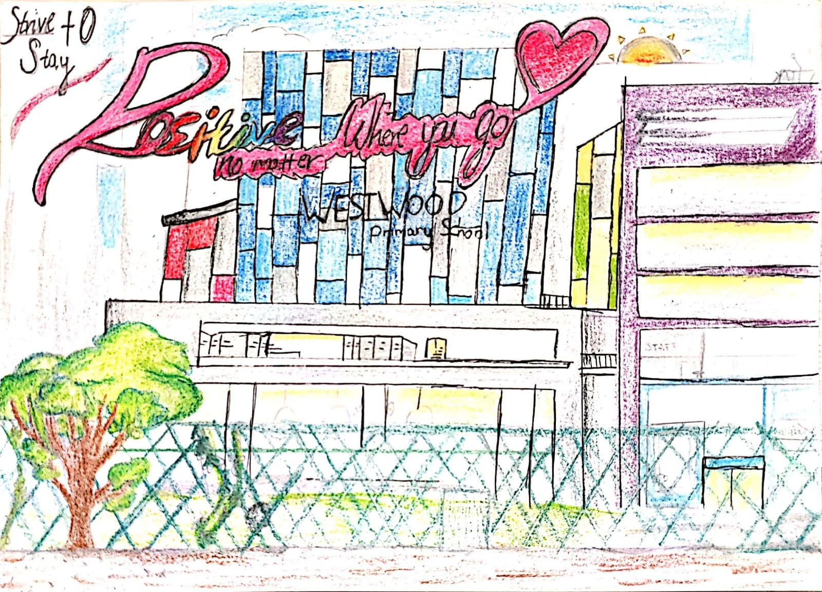 Child's colored pencil drawing of Westwood Primary School with text "Be Positive Where You Go No Matter What."