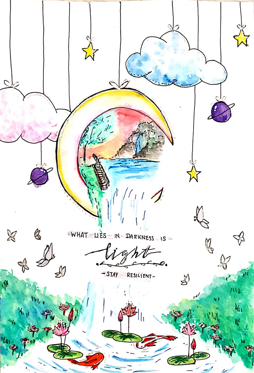 Watercolor drawing of a crescent moon with a landscape inside, clouds, stars, koi pond, and text "What lies in darkness is light, stay resilient."