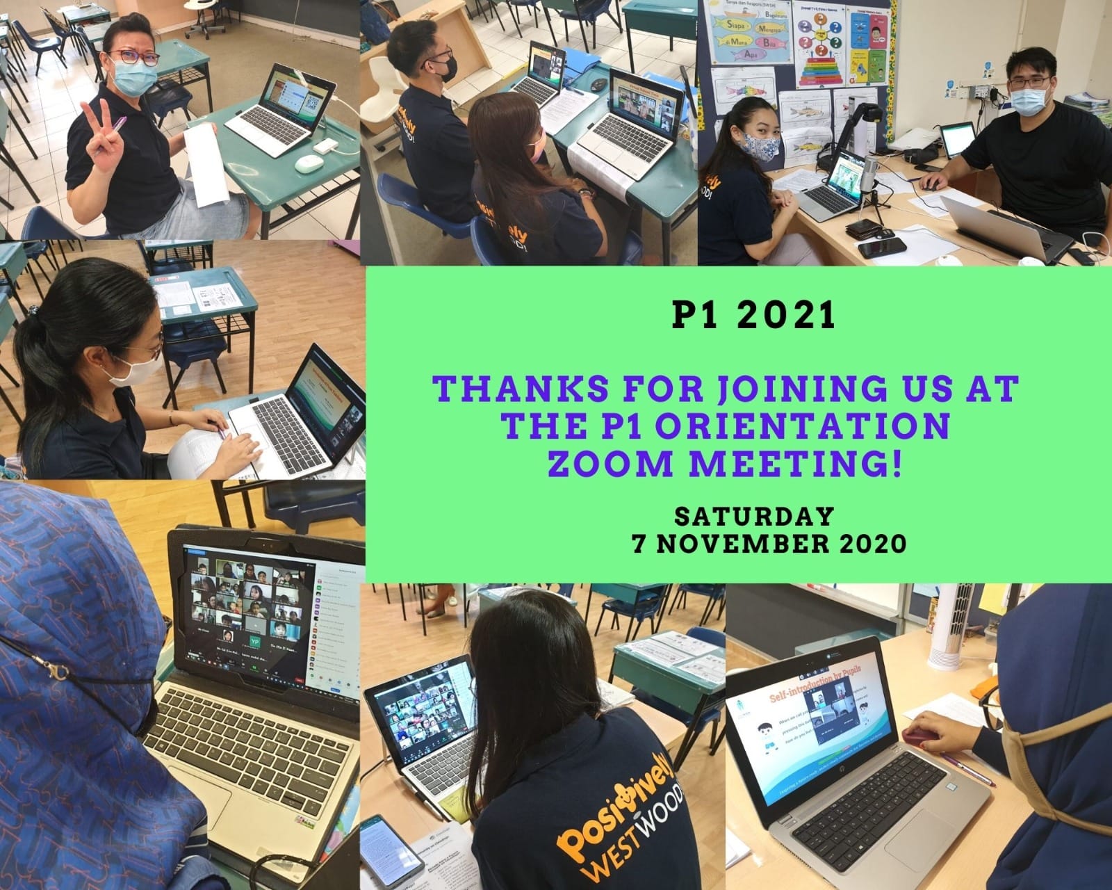 Several masked teachers sit at desks with laptops during a P1 2021 orientation Zoom meeting on 7 November 2020.