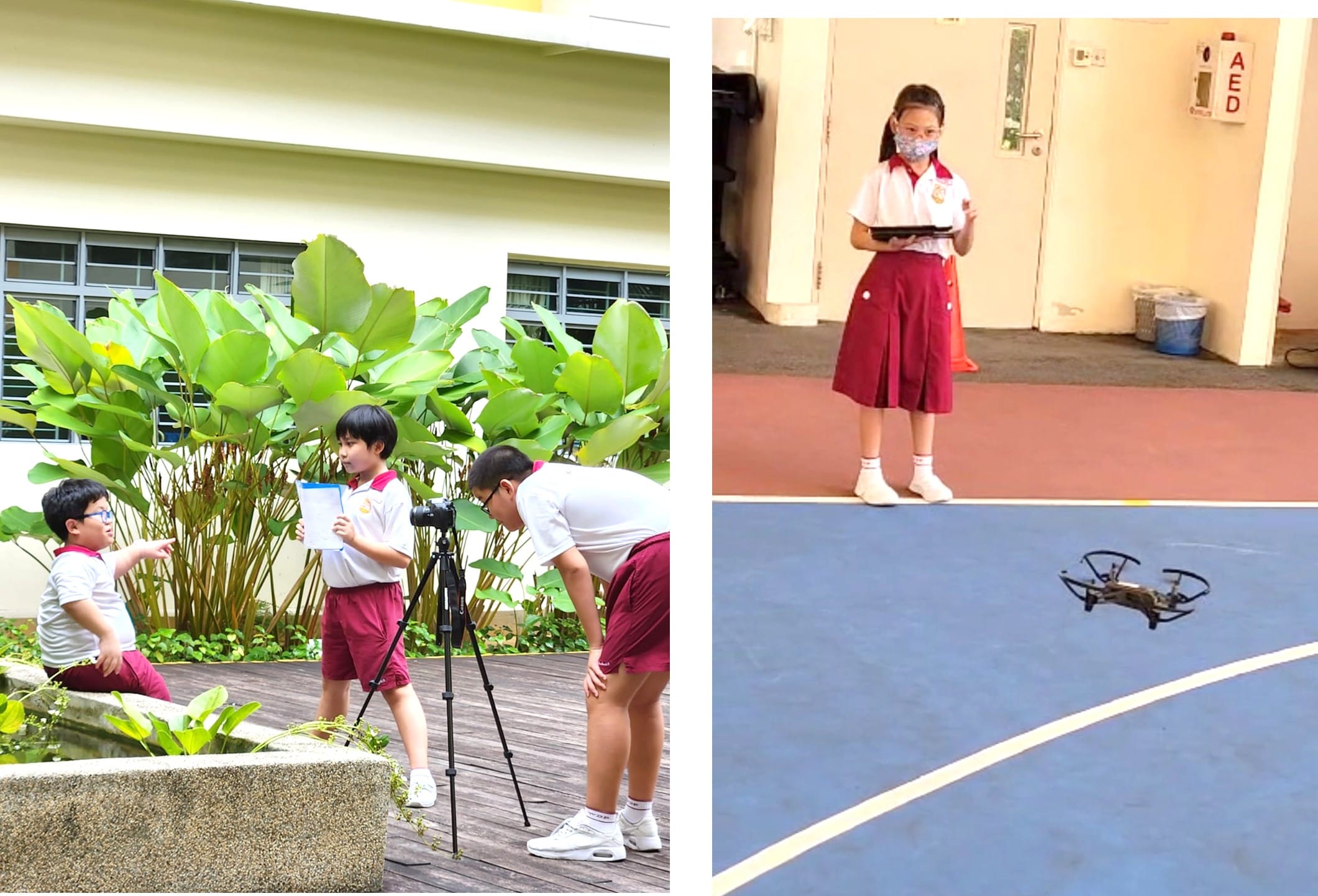 Three school children use a camera on a tripod outdoors; a girl holds a tablet while a drone flies nearby indoors.