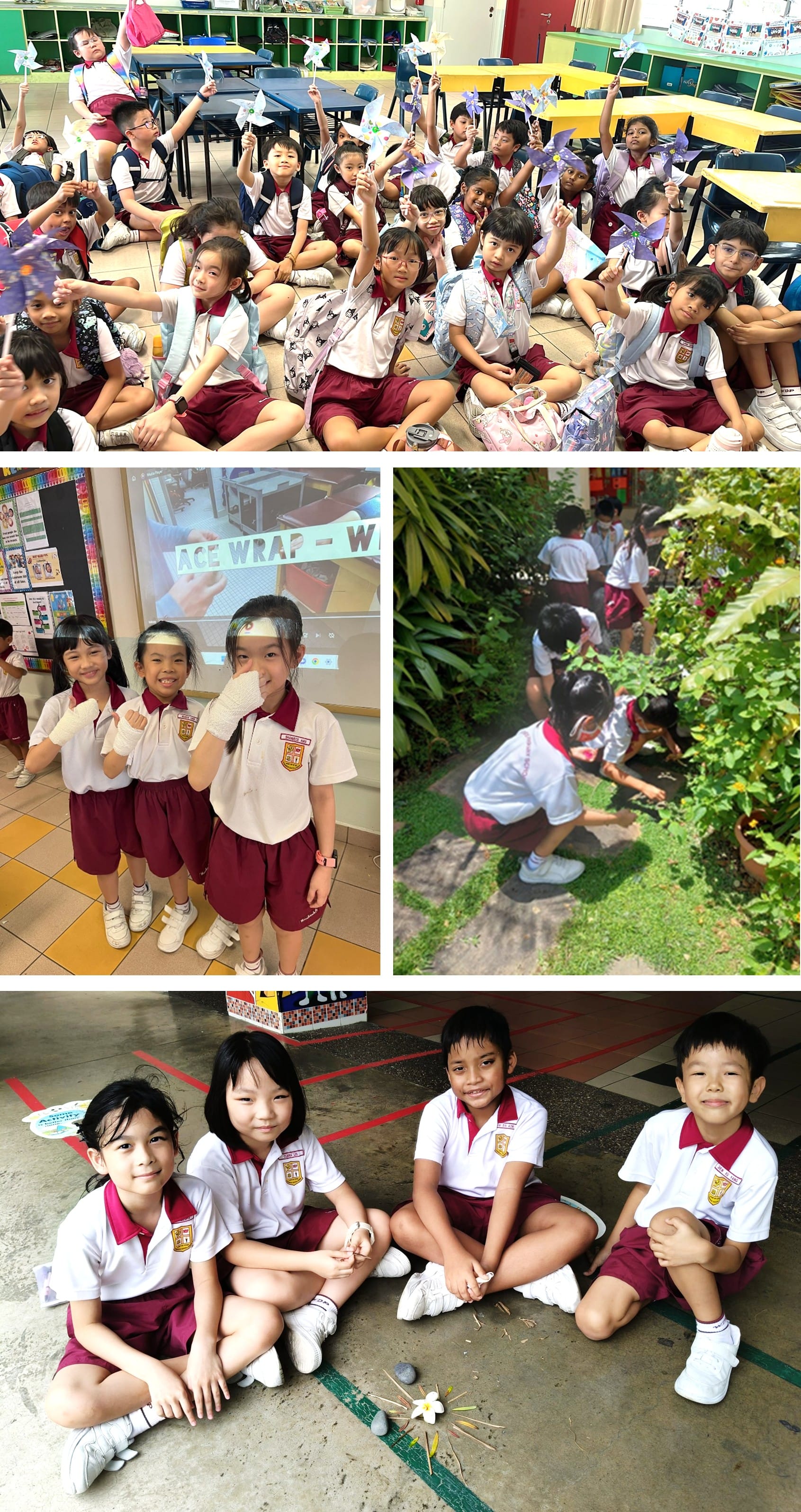 Young students in red and white uniforms hold pinwheels in class, explore a garden, and sit together outdoors.