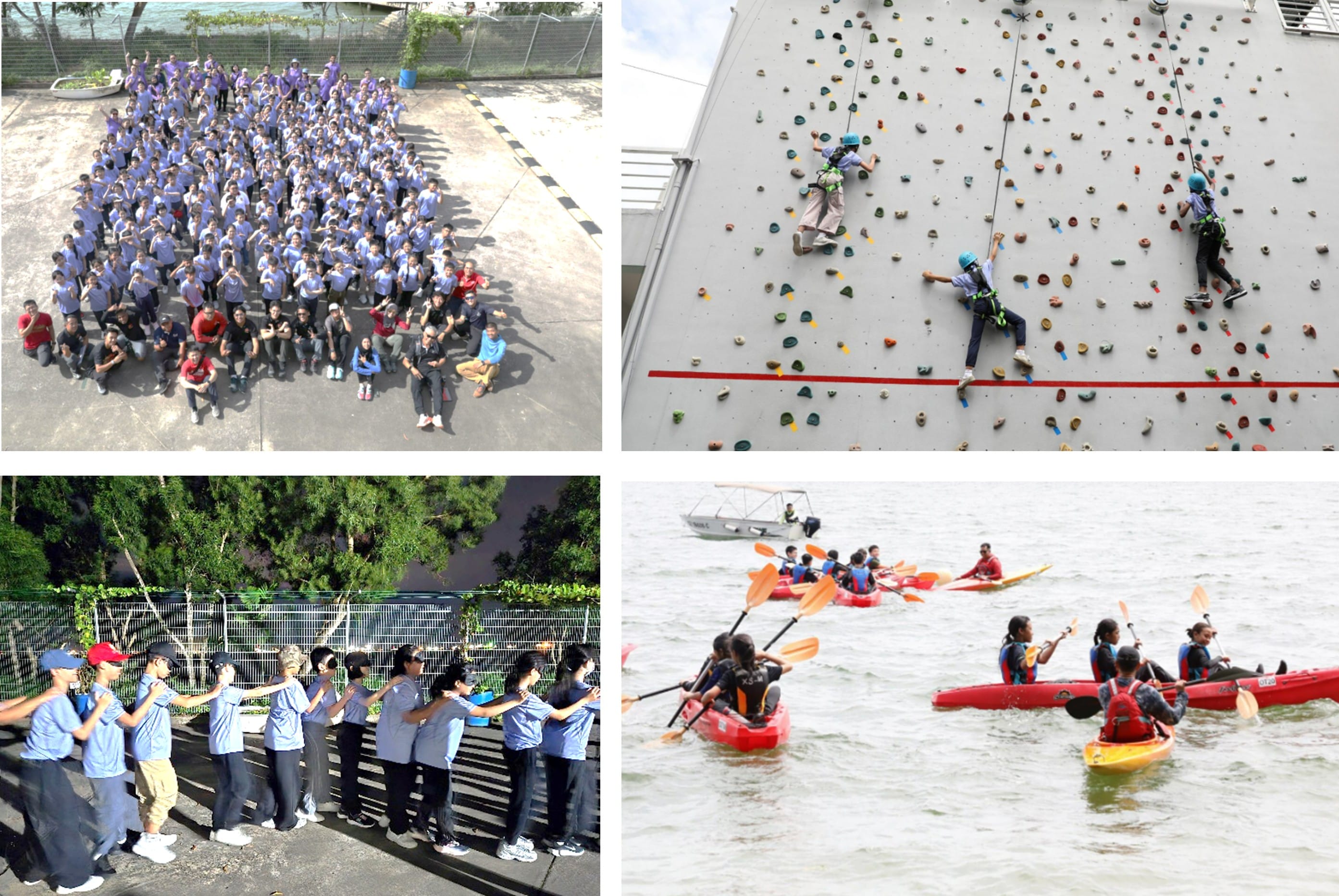 Four scenes: large student group photo, two students rock climbing, students in a line activity, and students kayaking on water.