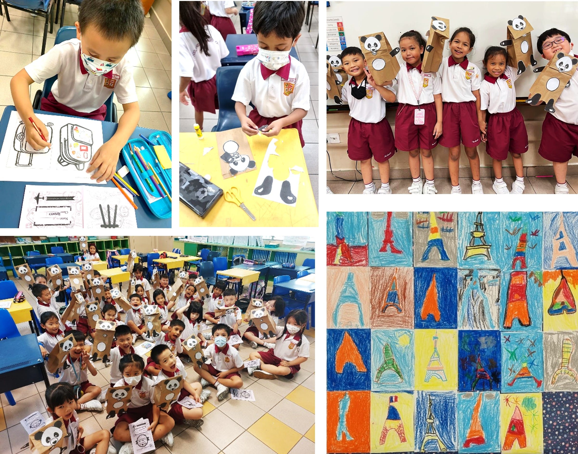 Young students in uniforms do crafts, hold panda paper bag puppets, and display colorful Eiffel Tower drawings.