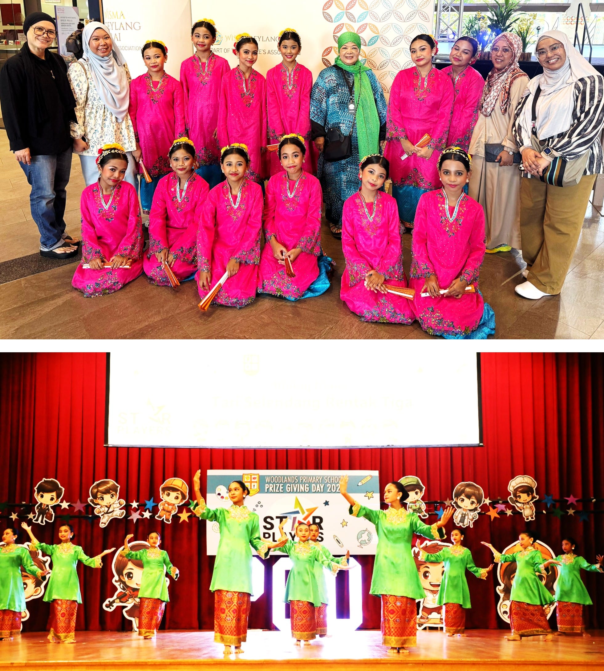 Girls in pink traditional costumes pose for a group photo above; below, dancers in green perform on a school stage.