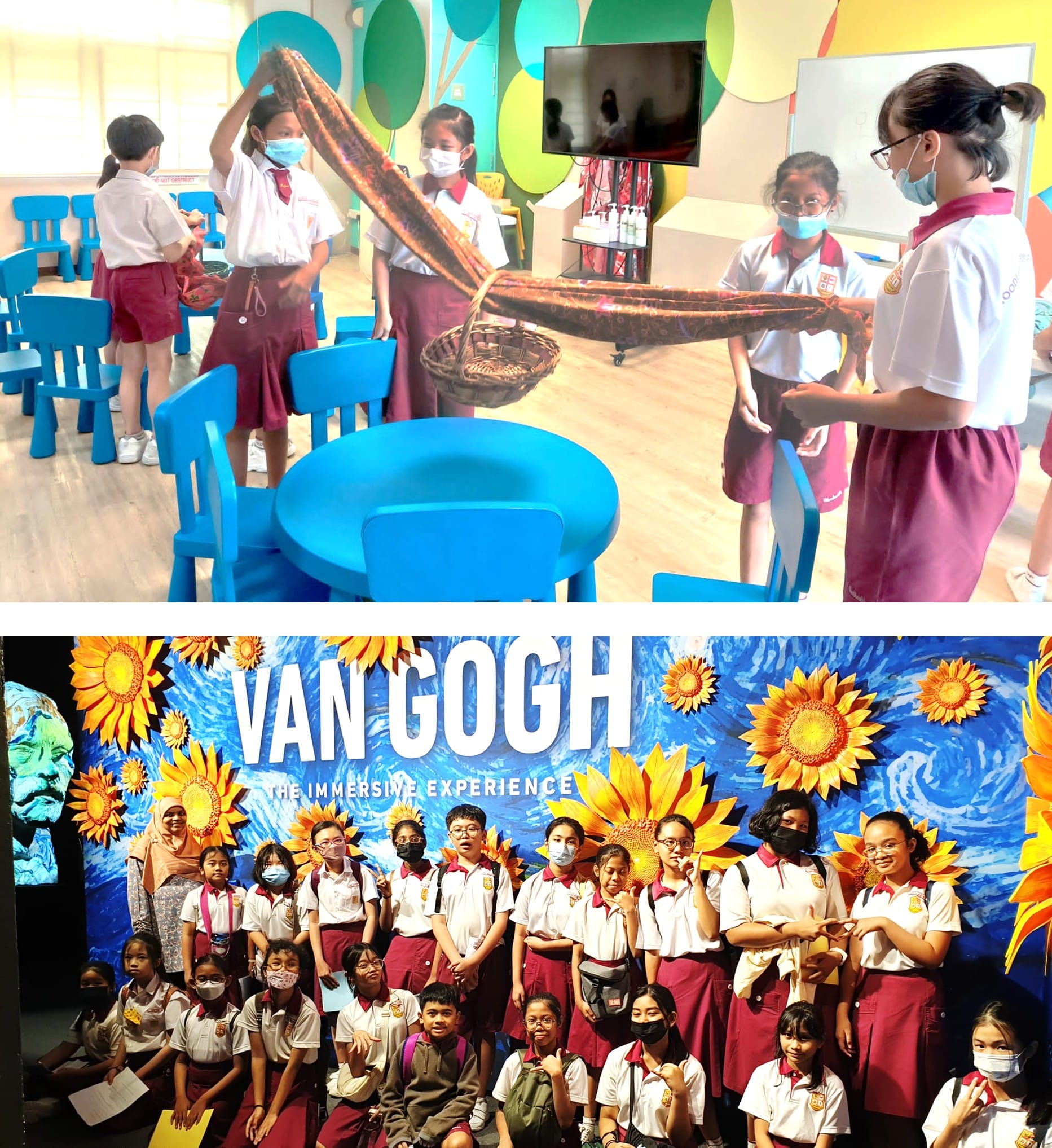 Students in school uniforms and masks pose at the Van Gogh Immersive Experience and handle fabric in a colorful room.