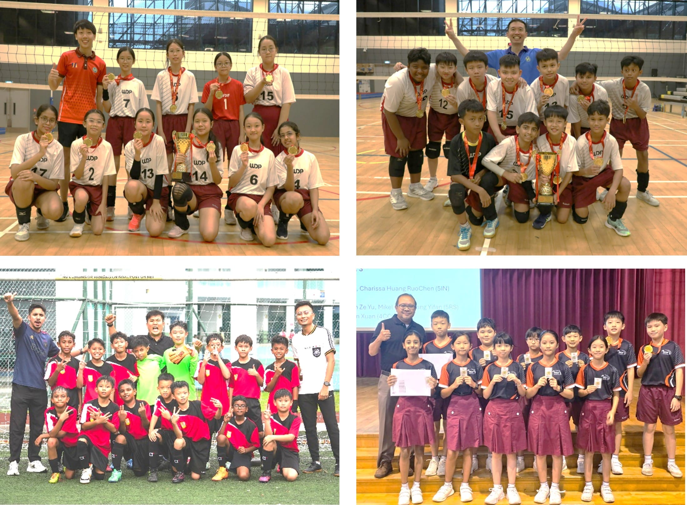 Four group photos of school children celebrating sports victories, holding trophies and medals in volleyball, football, and awards.