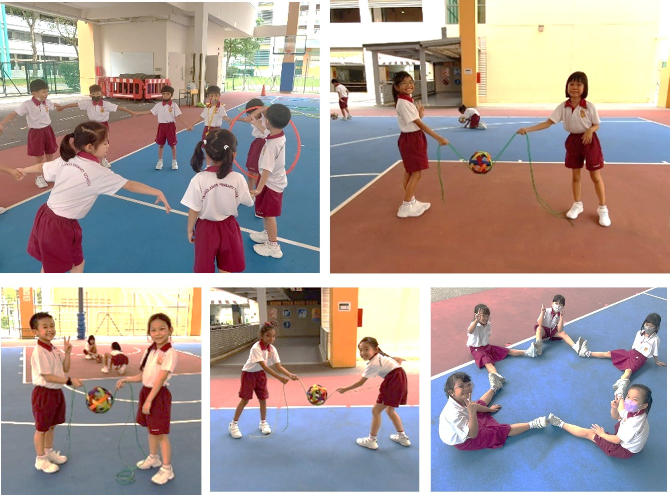 Five photos of young students in white and red uniforms playing with hoops, ropes, and colorful balls on a school court.
