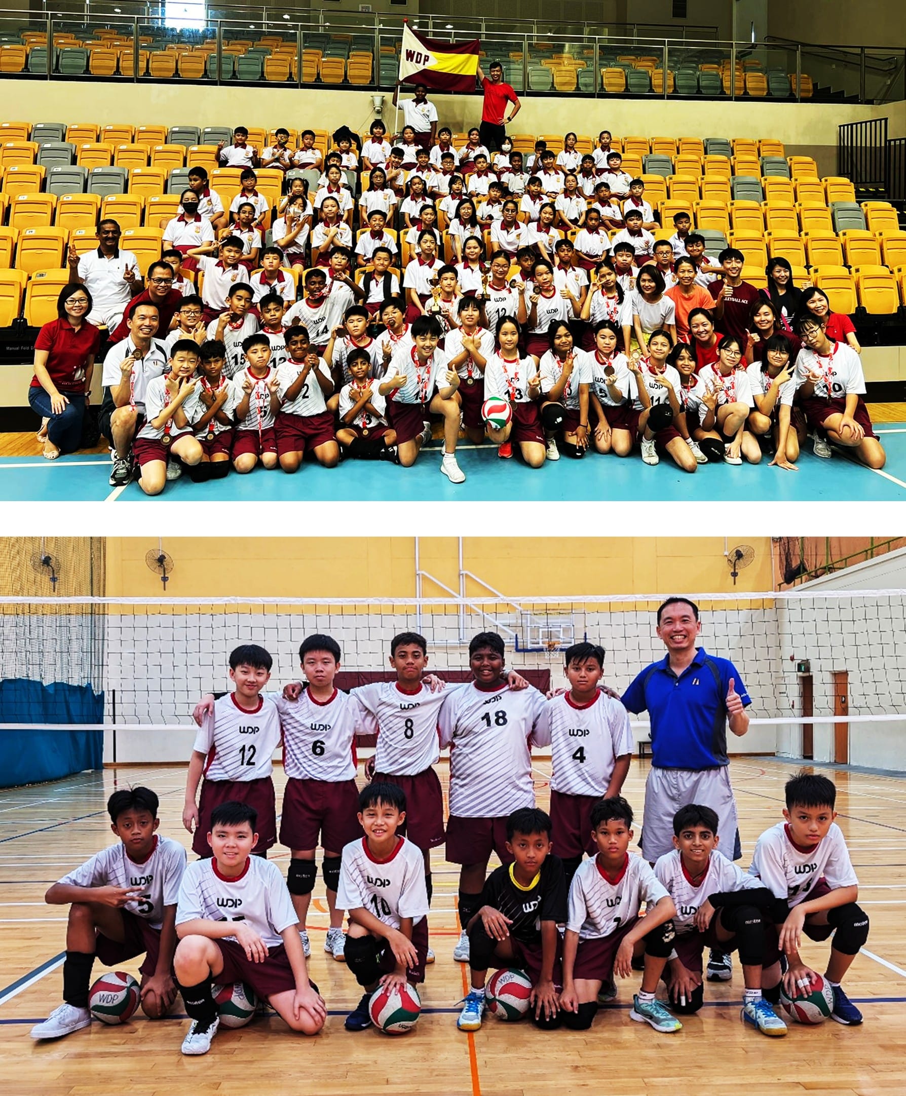 Two group photos of youth volleyball teams in white and maroon WDP uniforms posing indoors with coaches.