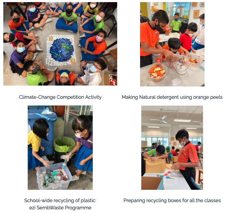 Four photos of masked students doing eco-activities: mosaic art, making orange peel detergent, sorting plastics, and preparing recycling boxes.