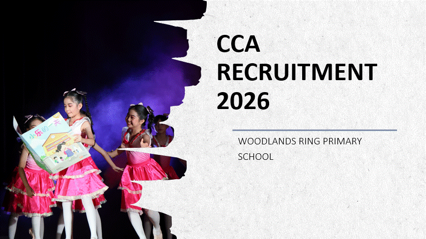Girls in pink dresses performing on stage beside text reading CCA Recruitment 2026, Woodlands Ring Primary School.