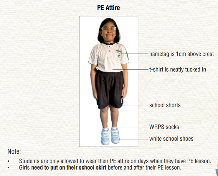 Girl in school PE attire with labeled parts: nametag, tucked t-shirt, dark shorts, WRPS socks, and white shoes.