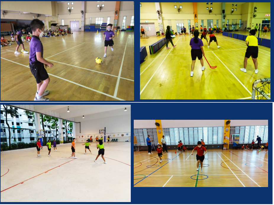 Four photos of children playing various sports inside school gymnasiums and an outdoor court.