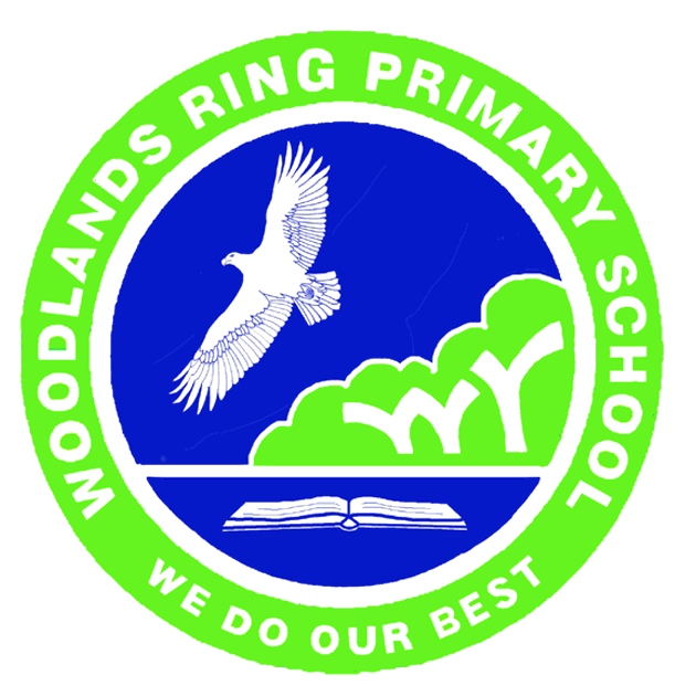 Circular badge for Woodlands Ring Primary School with a flying eagle, green trees, and an open book on blue background.